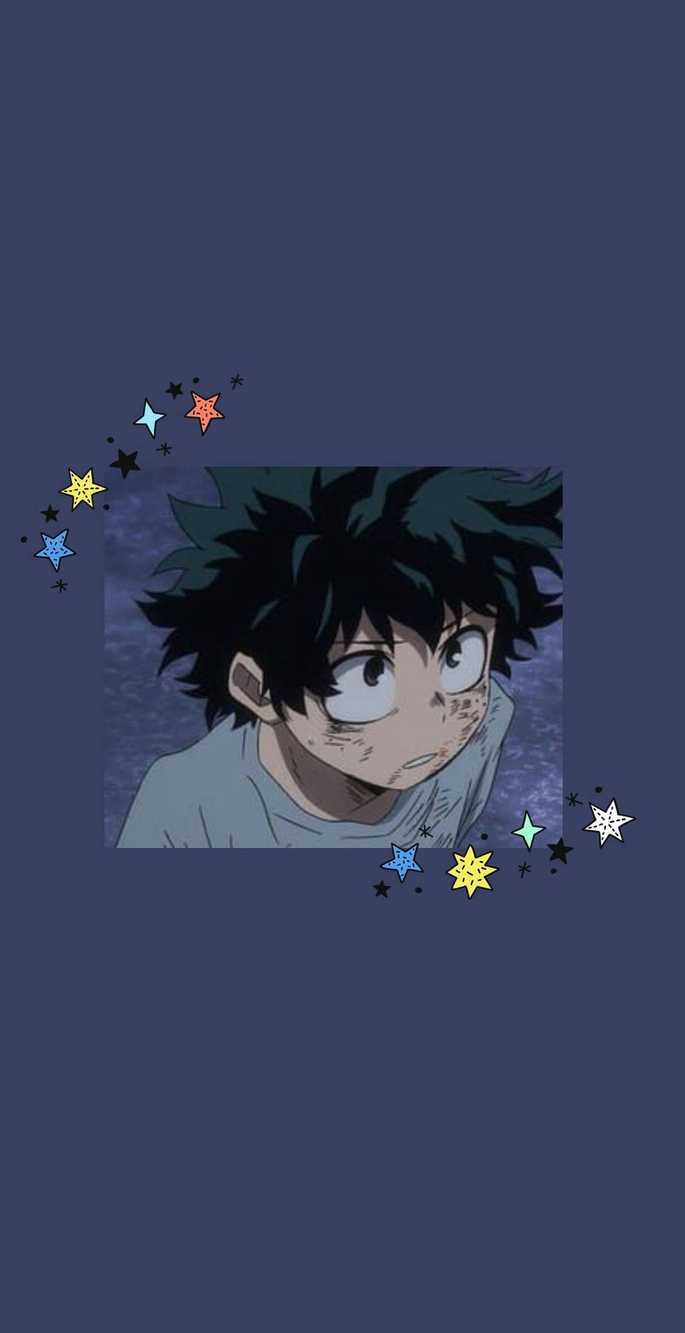 藍色背景的美學 Deku 壁紙 — 一個年輕的動漫男孩，有著凌亂的黑髮和大眼睛，在點綴著彩色星星的深藍色背景上向上凝視。