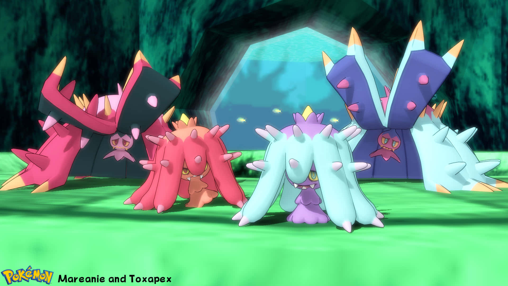 藍色與粉色 Mareanie 與 Toxapex 的醒目畫面 壁紙 — 四隻色彩繽紛的寶可夢站在發光的洞穴入口，地面有綠色苔蘚和深色樹葉。