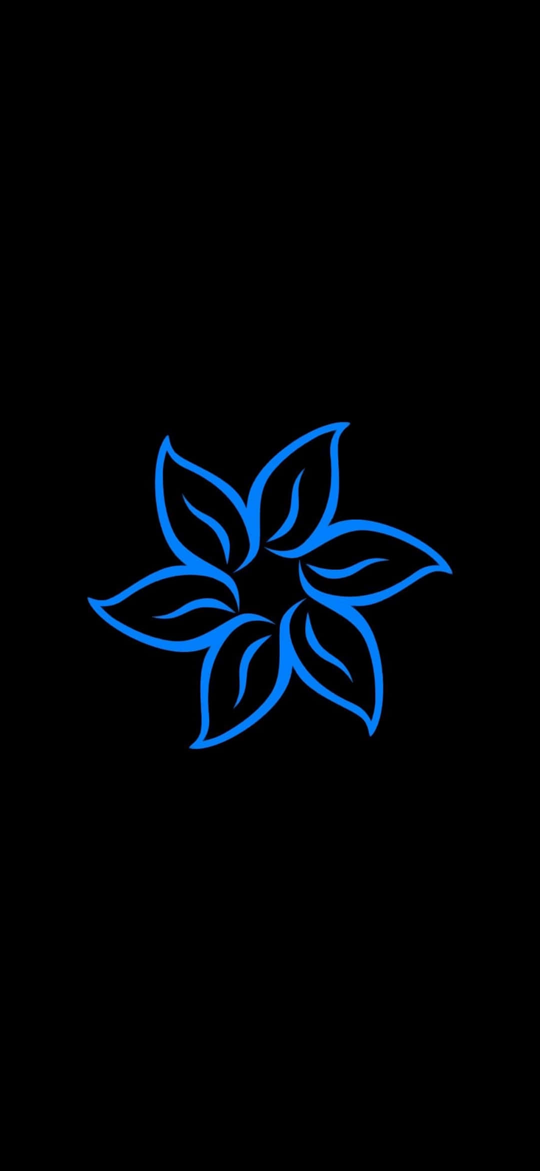藍色花朵線條藝術超 AMOLED 顯示屏 壁紙 — 一朵發光的藍色風格化花朵，帶有八片彎曲的花瓣，在純黑色背景上散發光芒。