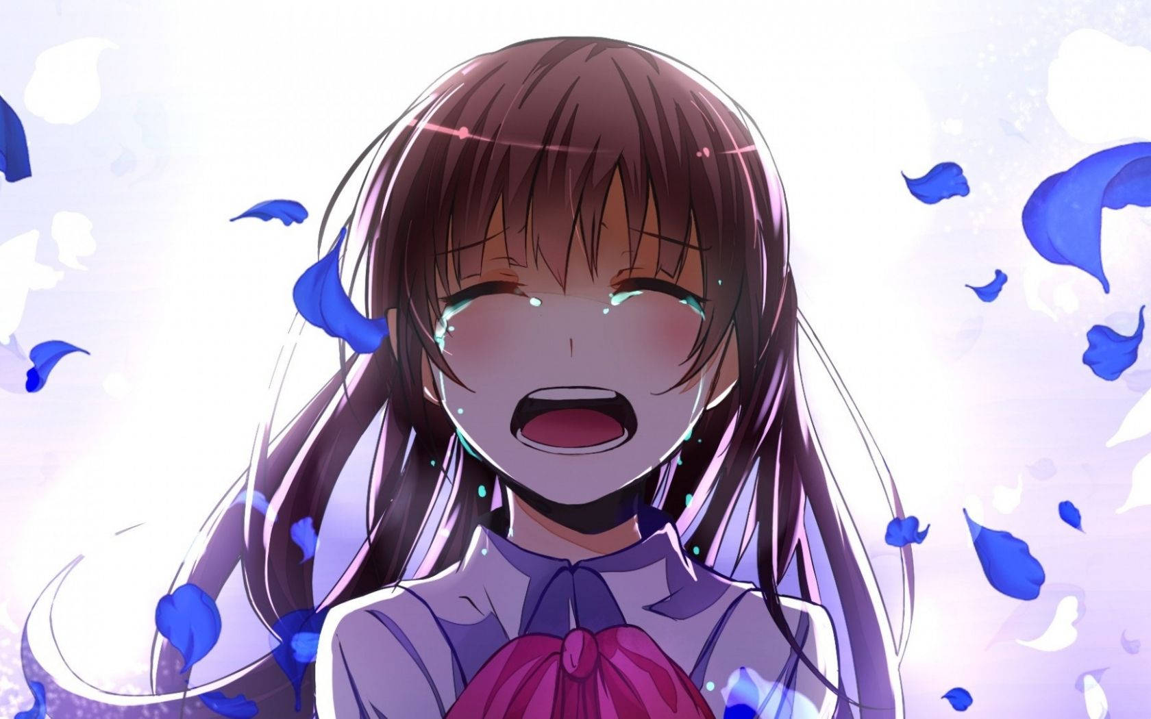 藍色花瓣飄落的哭泣動漫女孩美學 壁紙 — 一個快樂的動漫女孩，棕色頭髮，在明亮發光的背景中，藍色花瓣圍繞她旋轉，她含淚大笑。