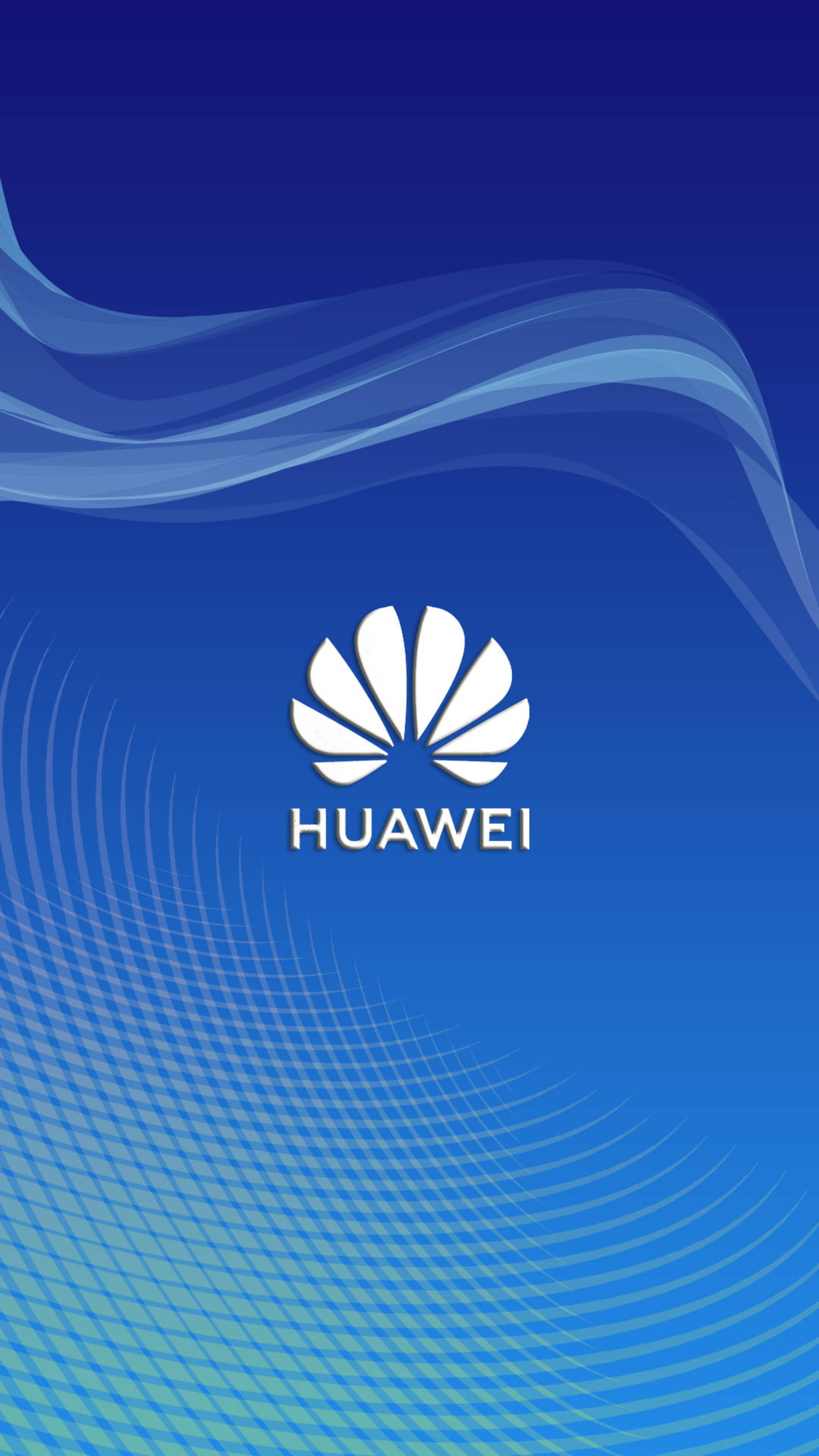 藍色華為標誌 壁紙 — 時尚的藍色漸變牆紙，白色Huawei標誌居中，位於流動波浪圖案和彎曲網格線之上。
