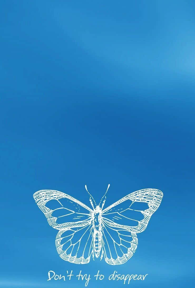 藍色蝴蝶沐浴在陽光下 壁紙 — 一隻精緻的白色線條蝴蝶在寧靜的漸變藍色天空中飄浮，下方有「Don't try to disappear」的字句。