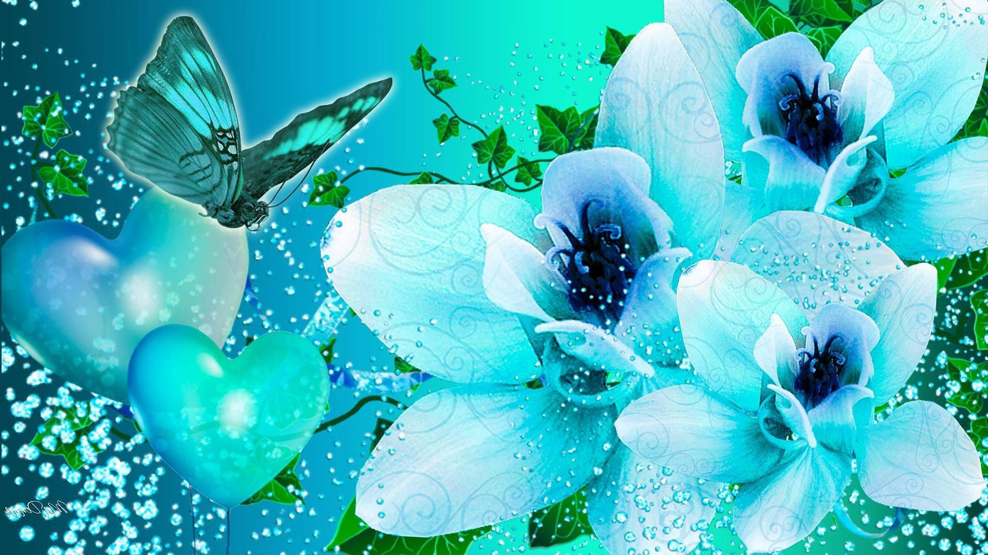 藍綠色蘭花、蝴蝶和發光的心形在閃閃發光的數碼幻想場景中。