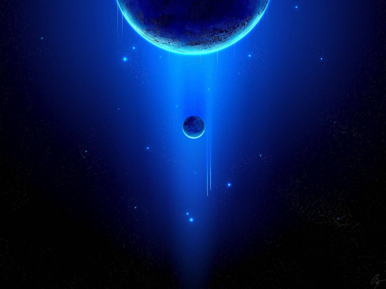 來自大行星的藍色發光光束照亮了星空場景中的一個小衛星。