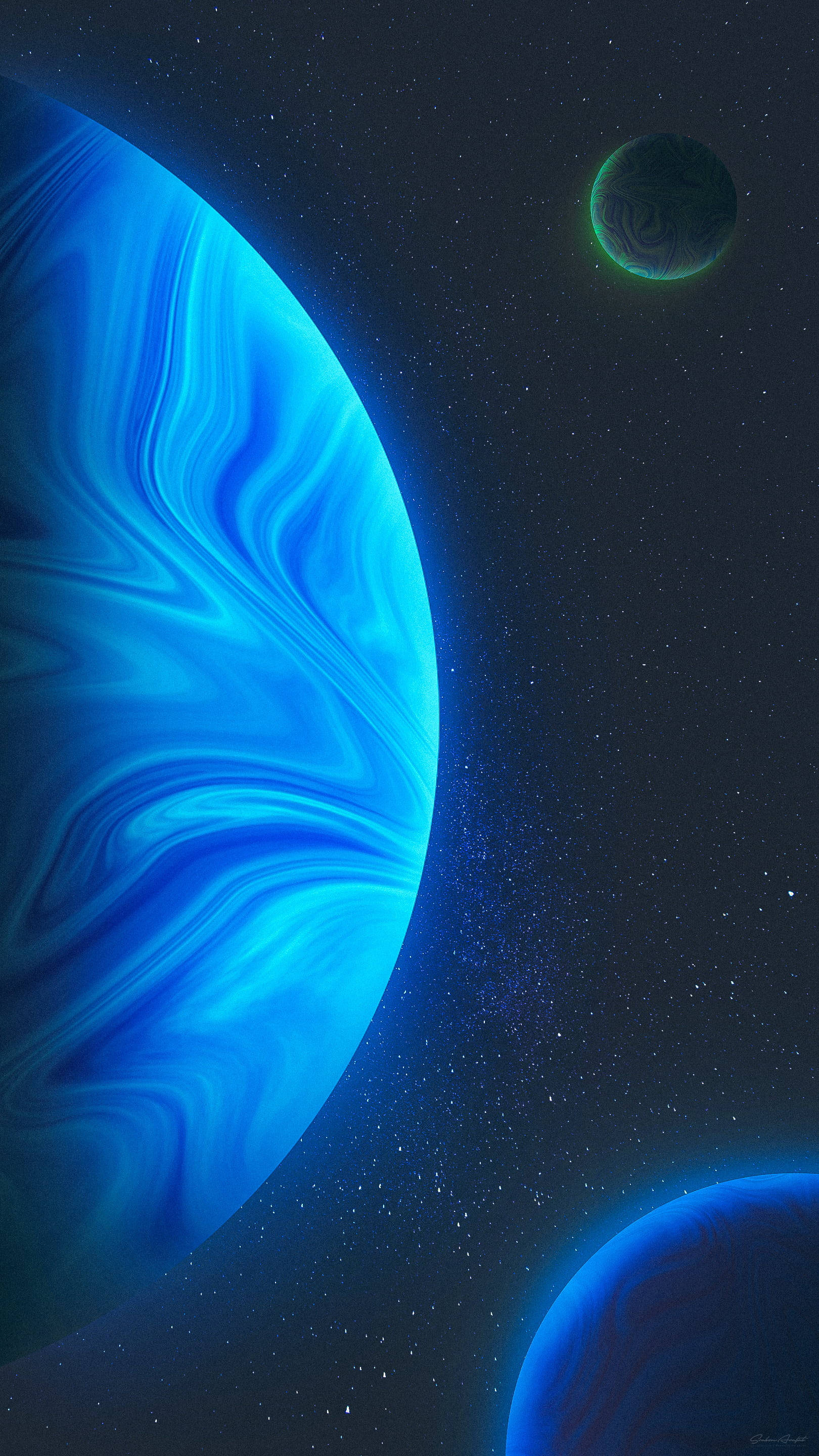 藍色行星太空手機壁紙 壁紙 — 一個旋轉的藍色星球主宰著星空虛空，兩個較小的天體在宇宙黑暗中柔和地發光。
