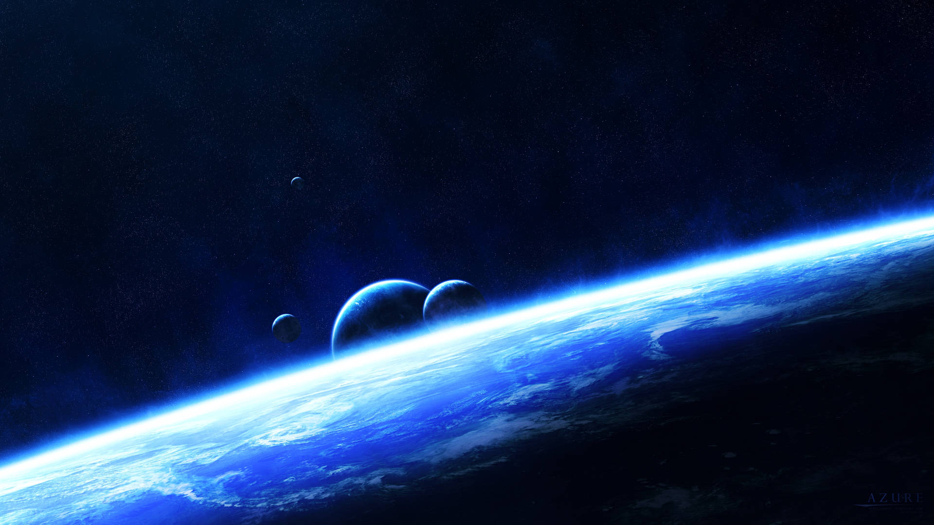 一顆藍色行星，帶有發光的大氣層和遙遠的衛星，在繁星點點的夜空下。