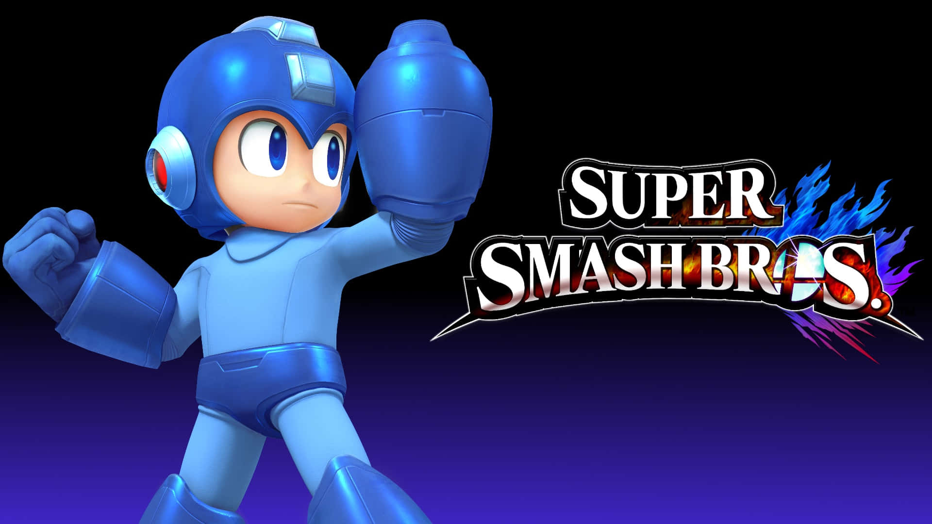 Megaman 桌布 壁紙 — 藍色裝甲嘅Mega Man以動感姿勢企喺深色漸變背景前，帶住Super Smash Bros標誌。