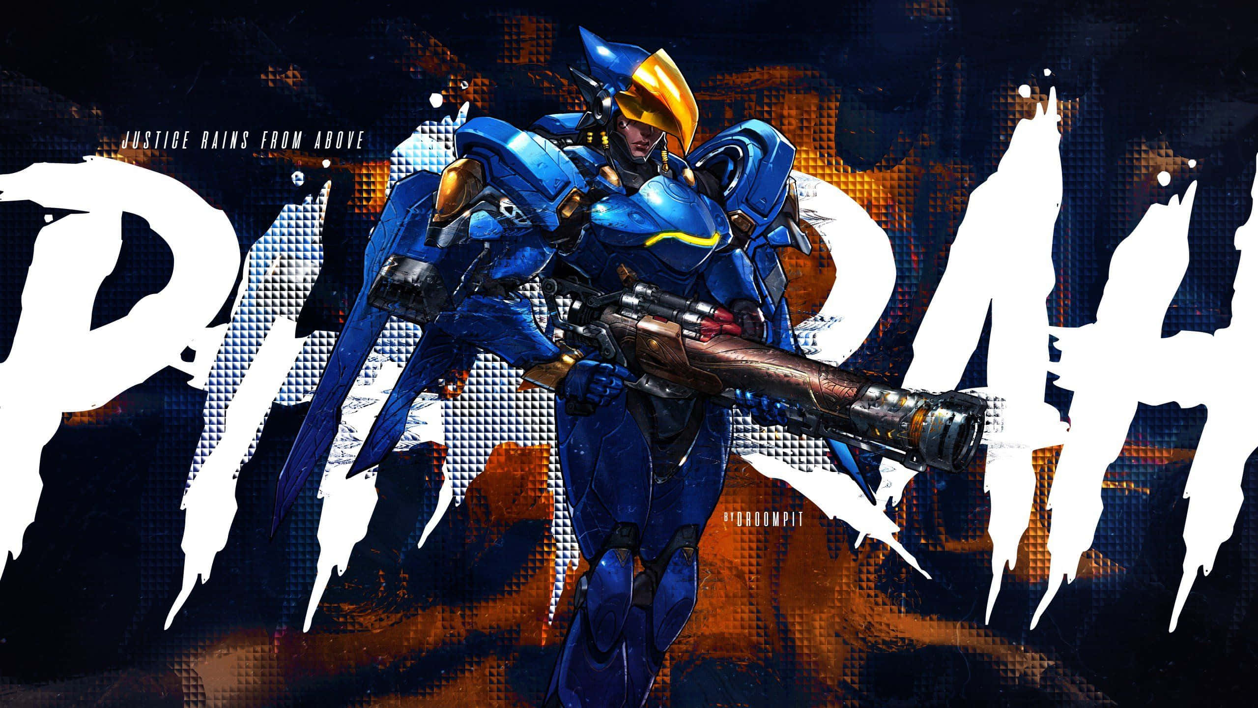 Overwatch Pharah 桌布 壁紙 — 藍色裝甲戰士戴著黃色頭盔，在粗糙的城市背景下揮舞重型武器，並帶有粗體白色塗鴉文字。