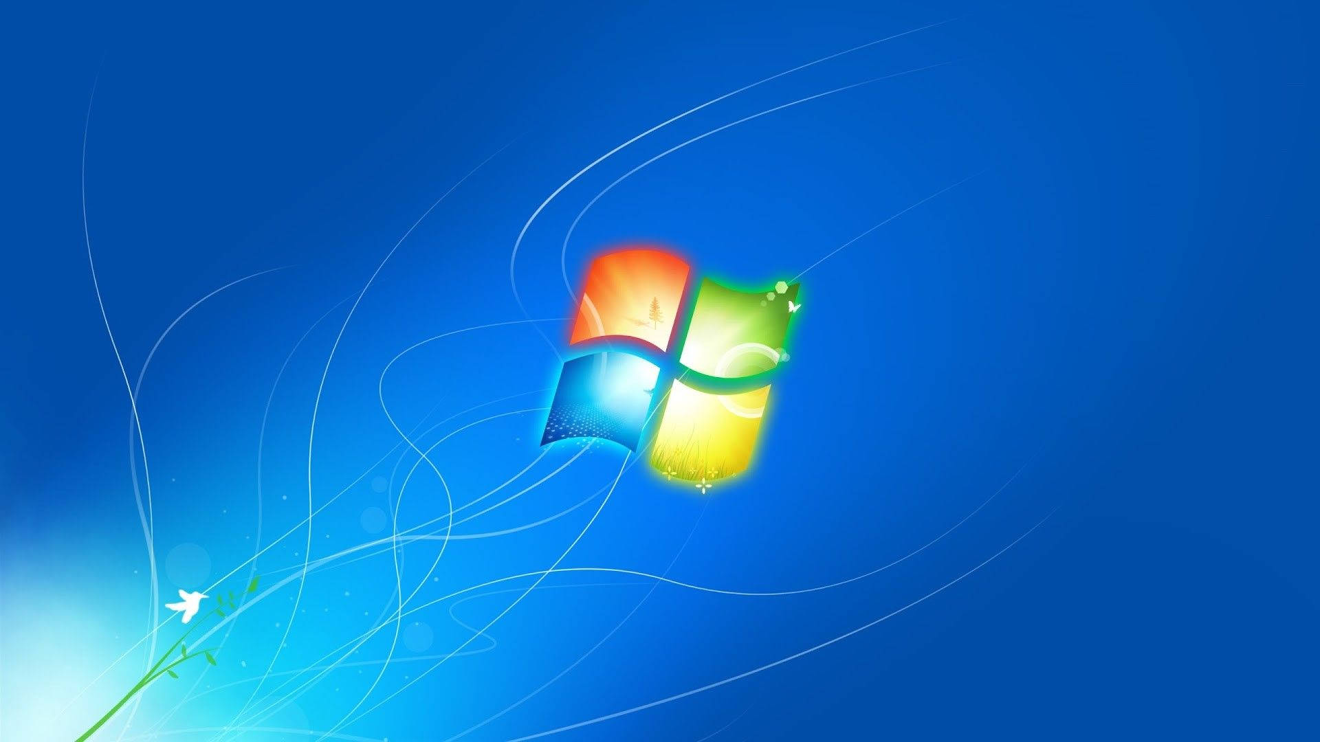 Windows 標誌，藍色背景上帶有彩色面板、白色漩渦和一朵花。