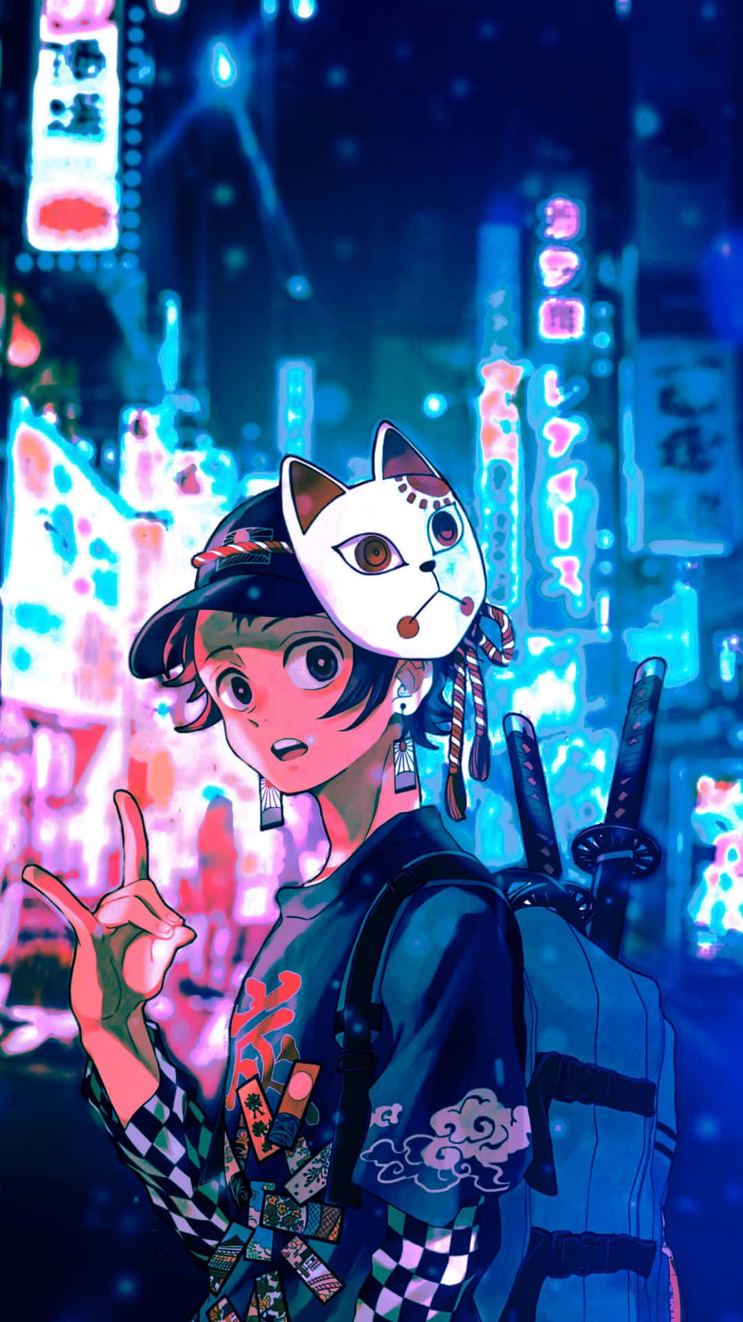 動漫女孩戴著貓面具，背著劍，在霓虹東京夜景中。