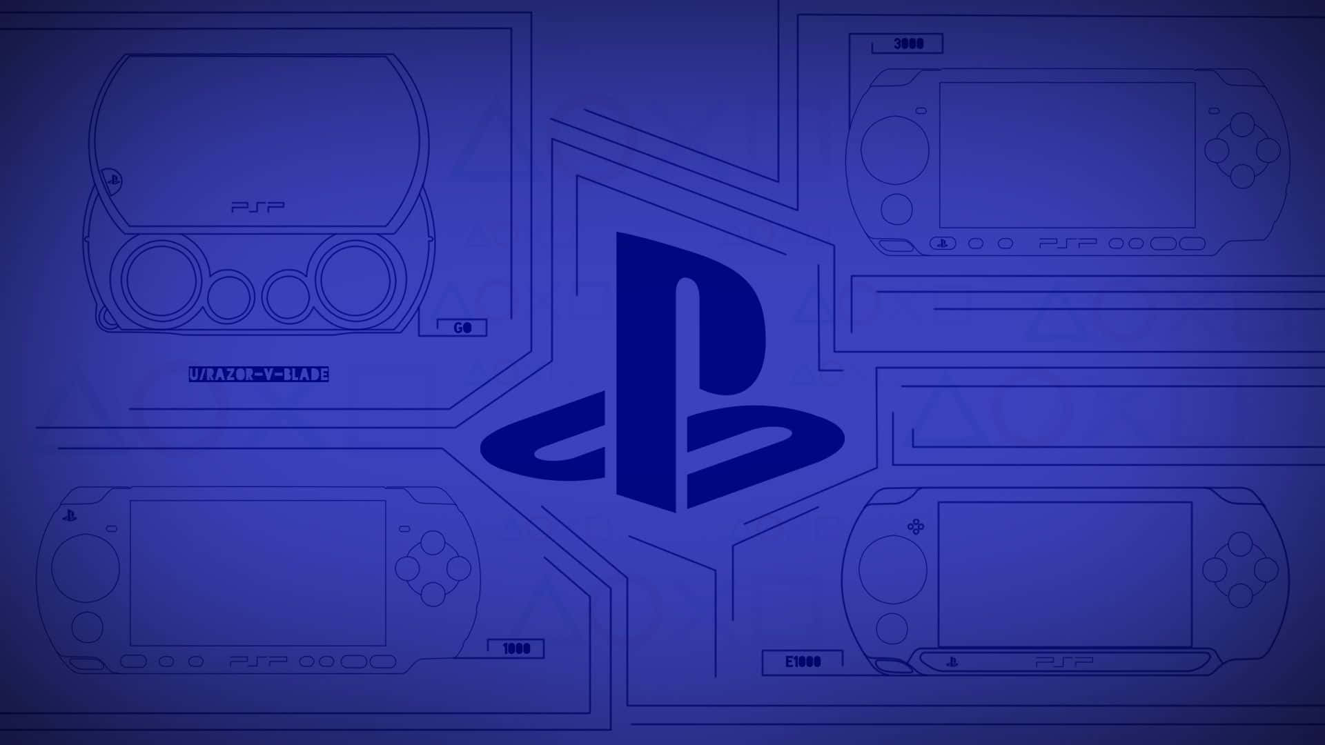 Psp 桌布 壁紙 — 藍色調藍圖風格牆紙，展示PlayStation標誌，周圍環繞著輪廓線條的PSP主機設計。