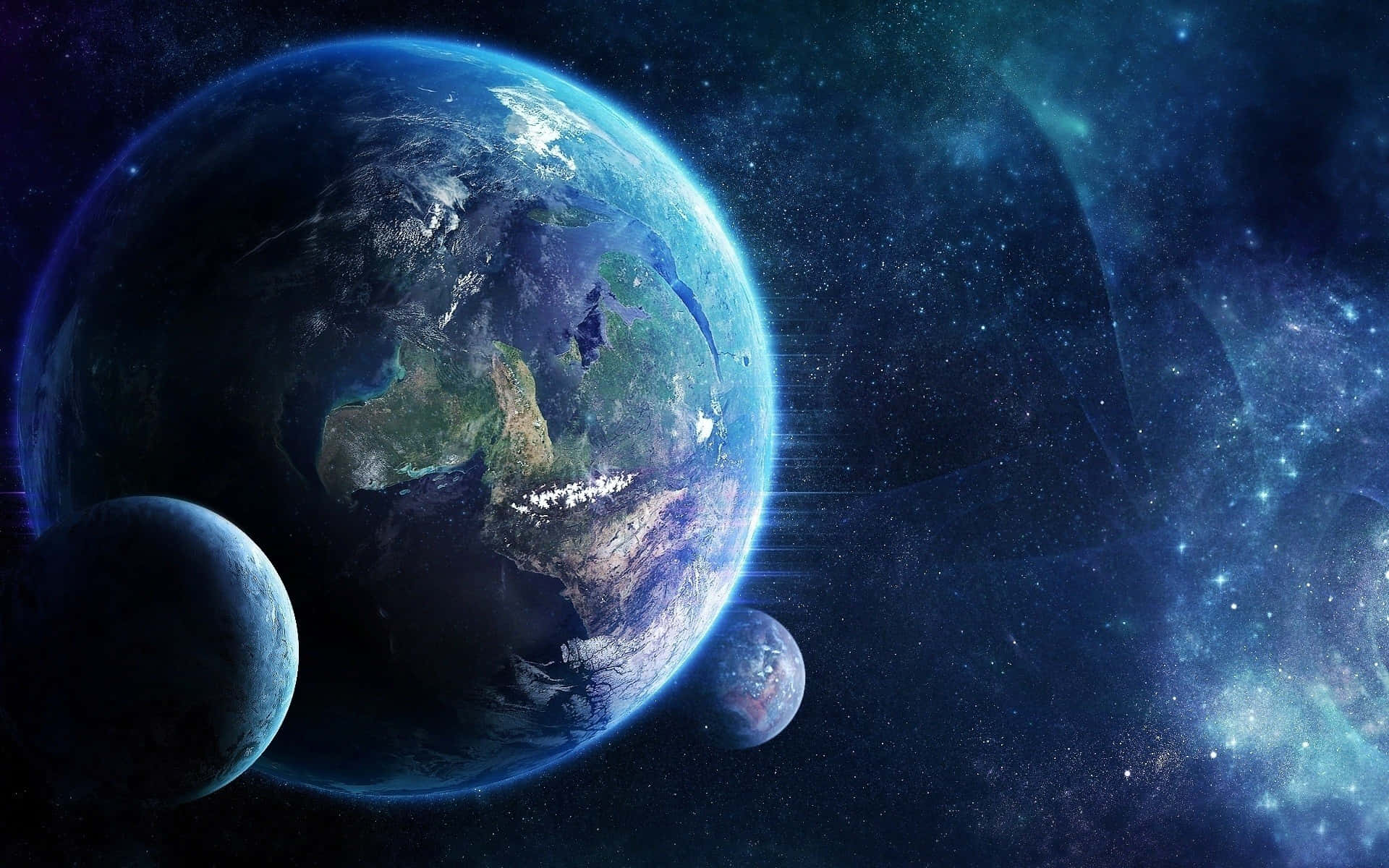 藍色調行星與地球背景 壁紙 — 令人嘆為觀止的地球景觀，藍色海洋和綠色大陸閃耀著光芒，周圍環繞著星星和兩顆較小的衛星，在深空中。