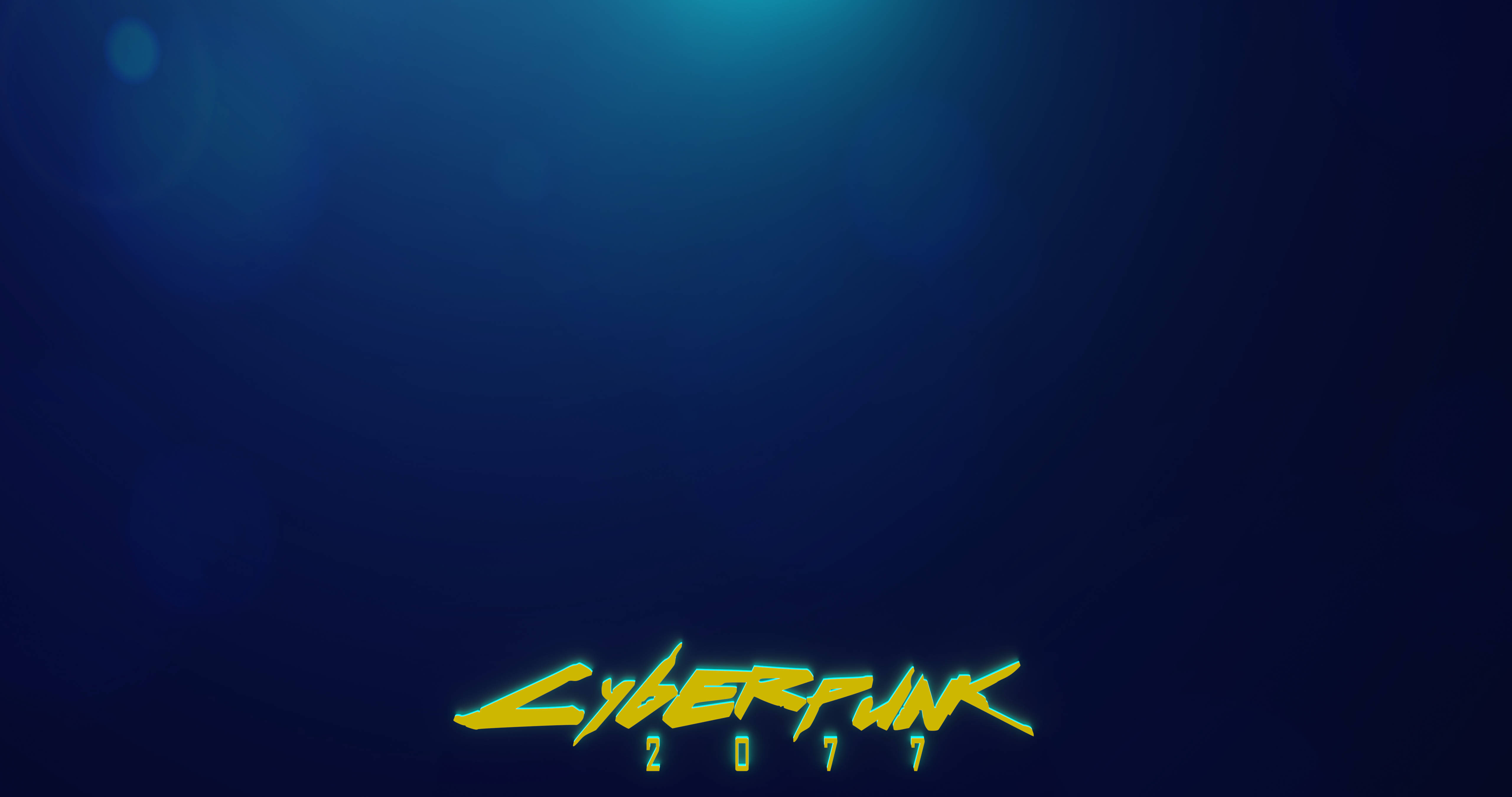 藍色賽博朋克桌面壁紙 壁紙 — 發光的黃色 Cyberpunk 2077 標誌在帶有鏡頭光暈的深藍色漸變背景上閃耀。