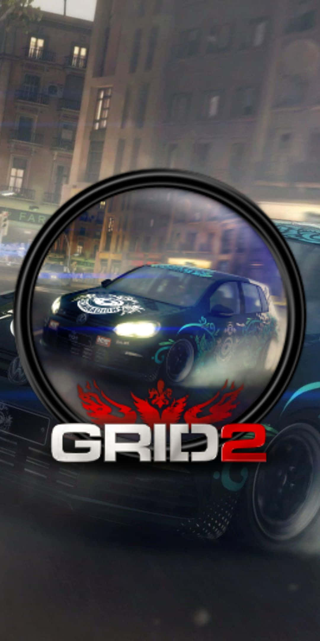一輛賽車在夜間穿過城市，透過圓形鏡片觀看，帶有GRID 2標誌。