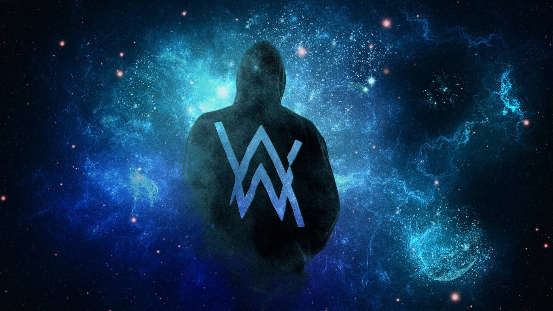 剪影人物帶有AW標誌，背景為發光的藍色宇宙星雲。