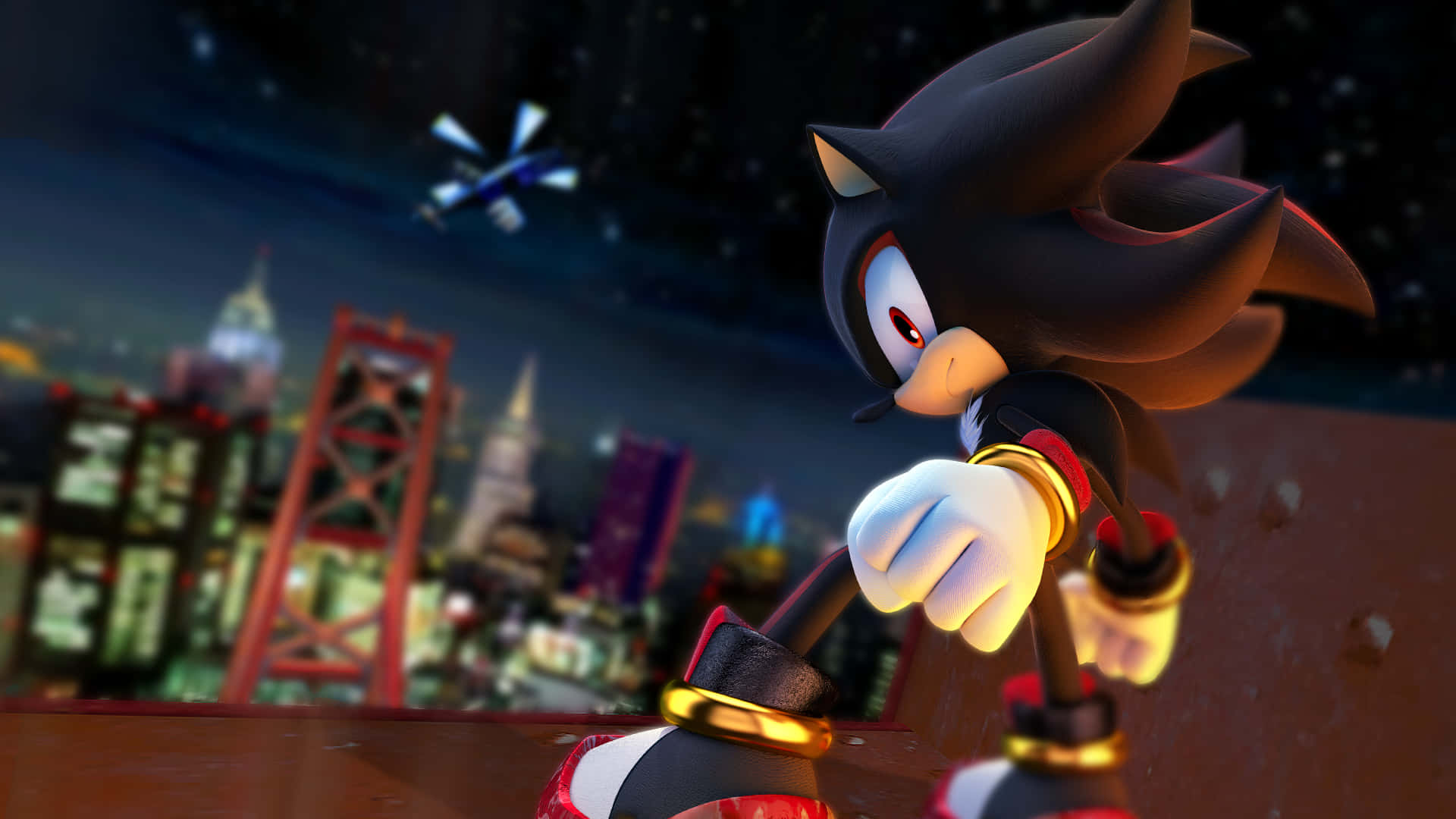 Shadow the Hedgehog 站在屋頂上，俯瞰著夜晚霓虹燈閃爍的城市。