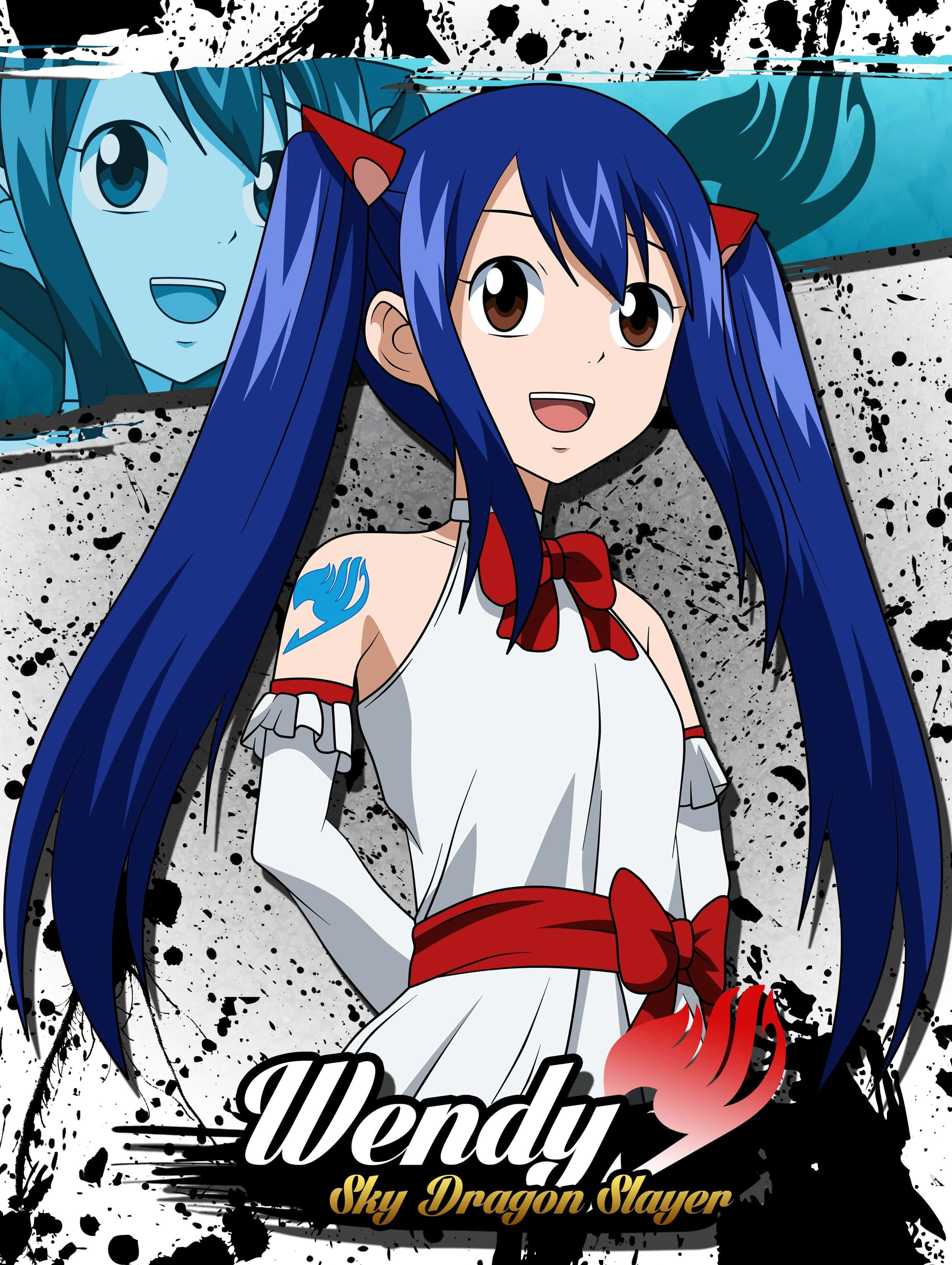 Wendy Marvell 桌布 壁紙 — 藍色雙馬尾、紅色蝴蝶結的動畫女孩在灰色潑濺背景上微笑，並顯示她的名字和頭銜。