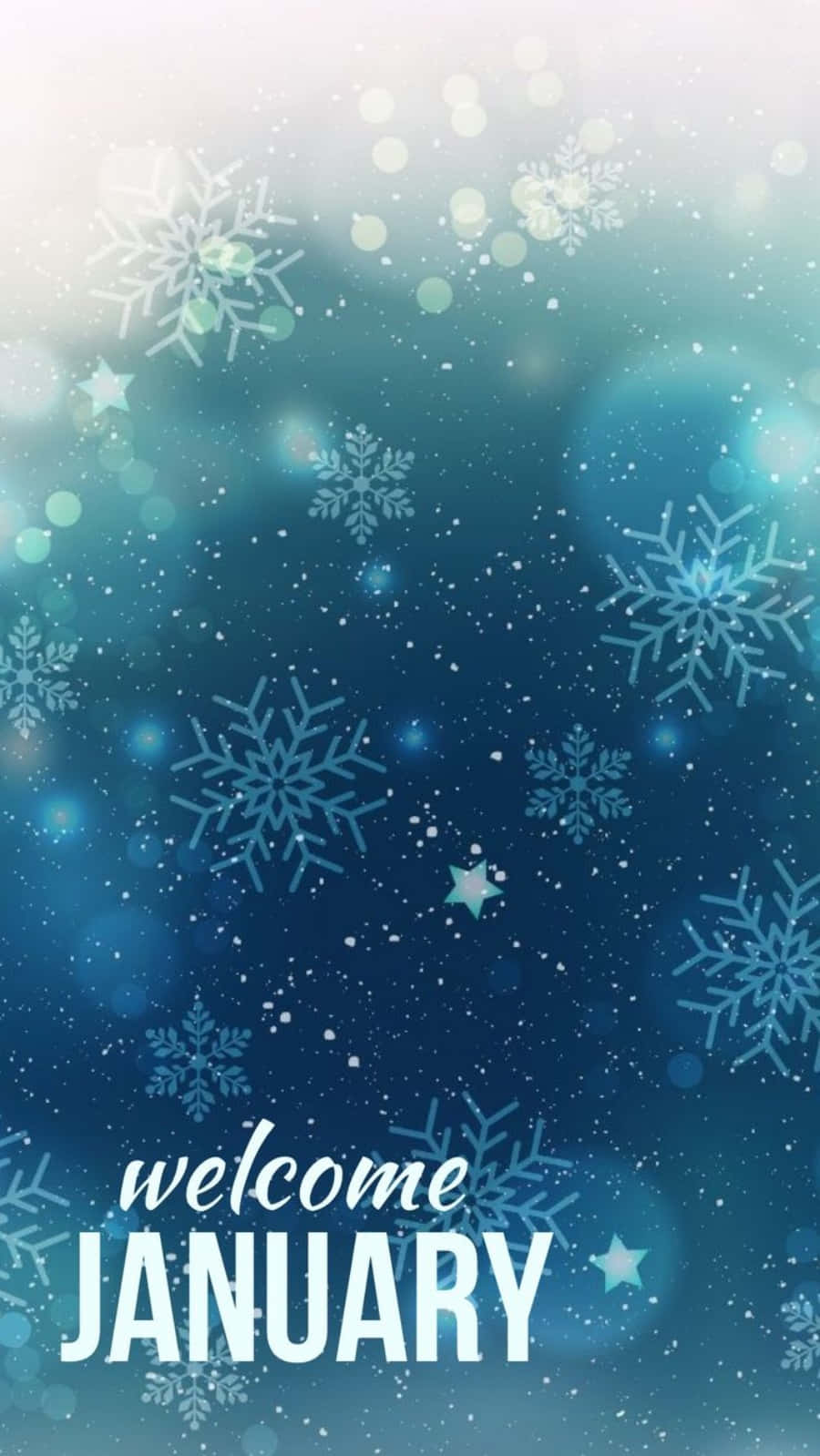 藍色雪花歡迎一月手機壁紙 壁紙 — 雪花飄過夢幻的藍色漸變天空，帶有發光散景燈光和粗體歡迎一月文字。