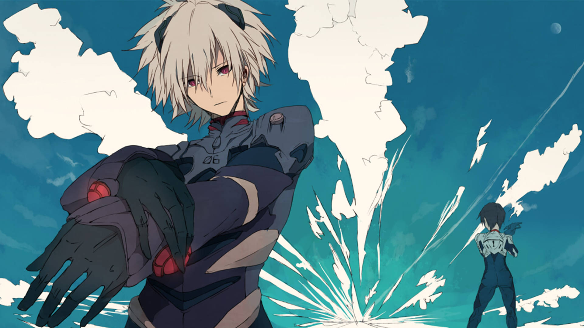 藍色雲朵 Kaworu Nagisa 藝術 壁紙 — 兩個動漫角色身穿戰鬥裝備，在爆炸性的白色能量爆發中站立，背景是帶有月亮的青綠色天空。