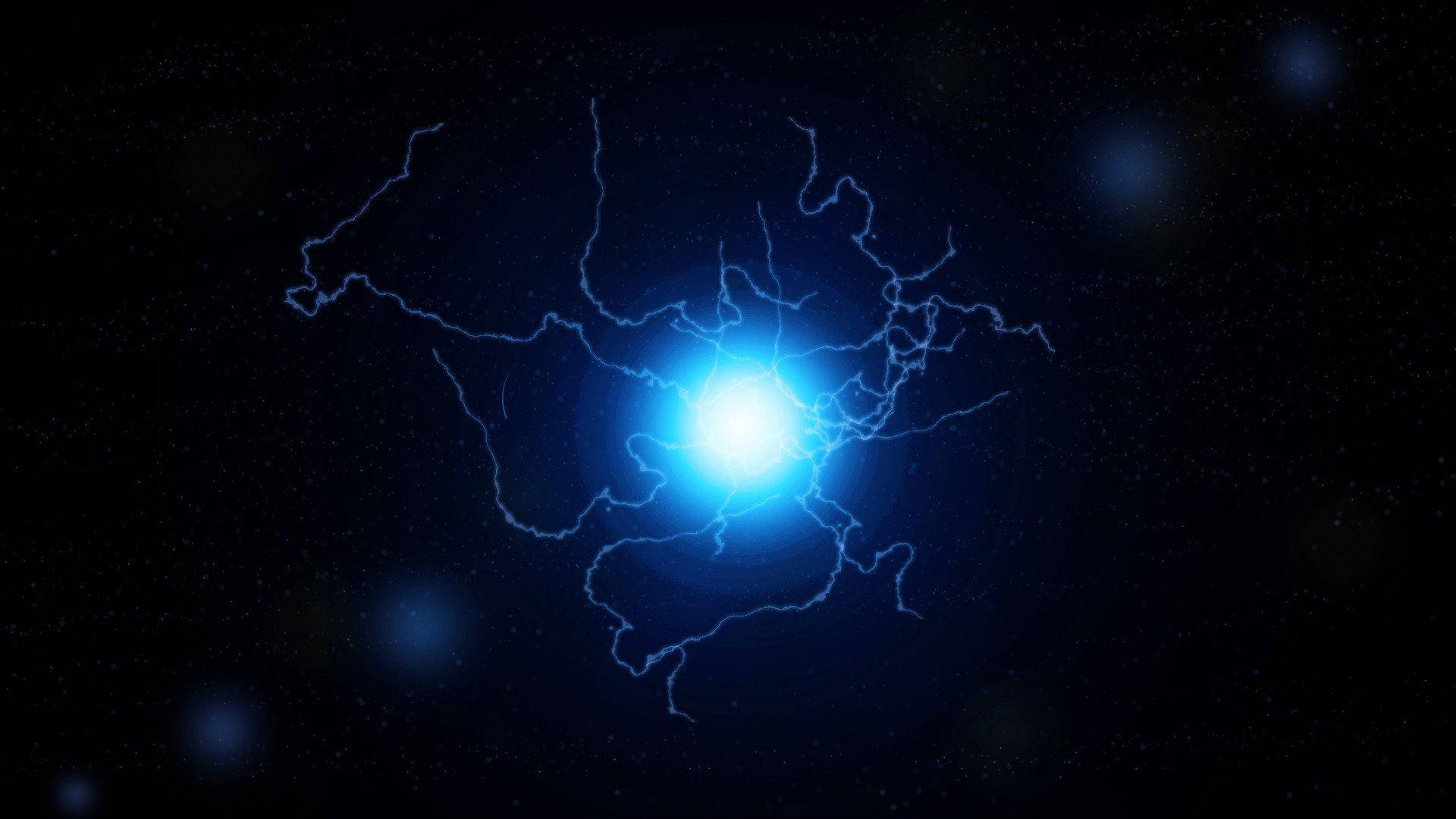 藍色電光球 壁紙 — 一道明亮的藍色閃電在星光熠熠的宇宙背景下散發能量，伴隨著發光的球體。