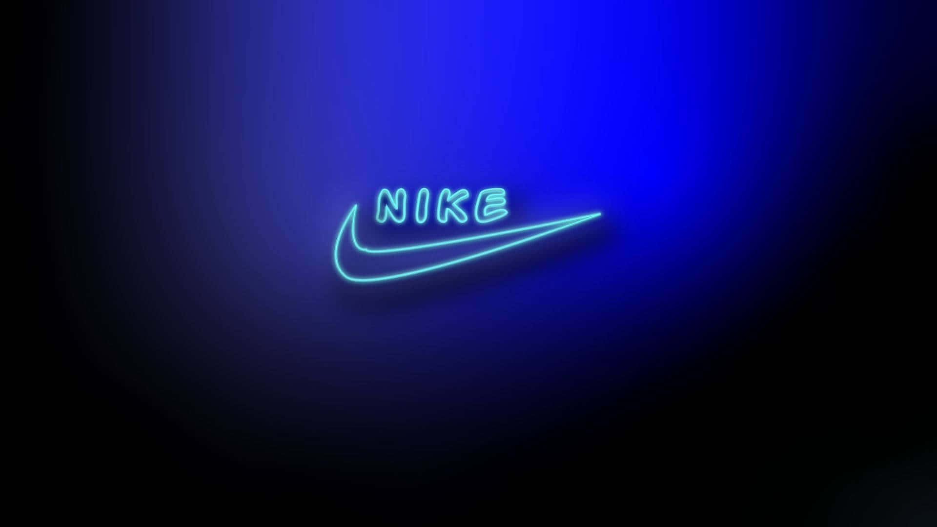 藍色霓虹場景的抽象插畫 壁紙 — 發光的霓虹藍色Nike標誌在深色漸變背景上閃耀，帶有柔和的光暈。