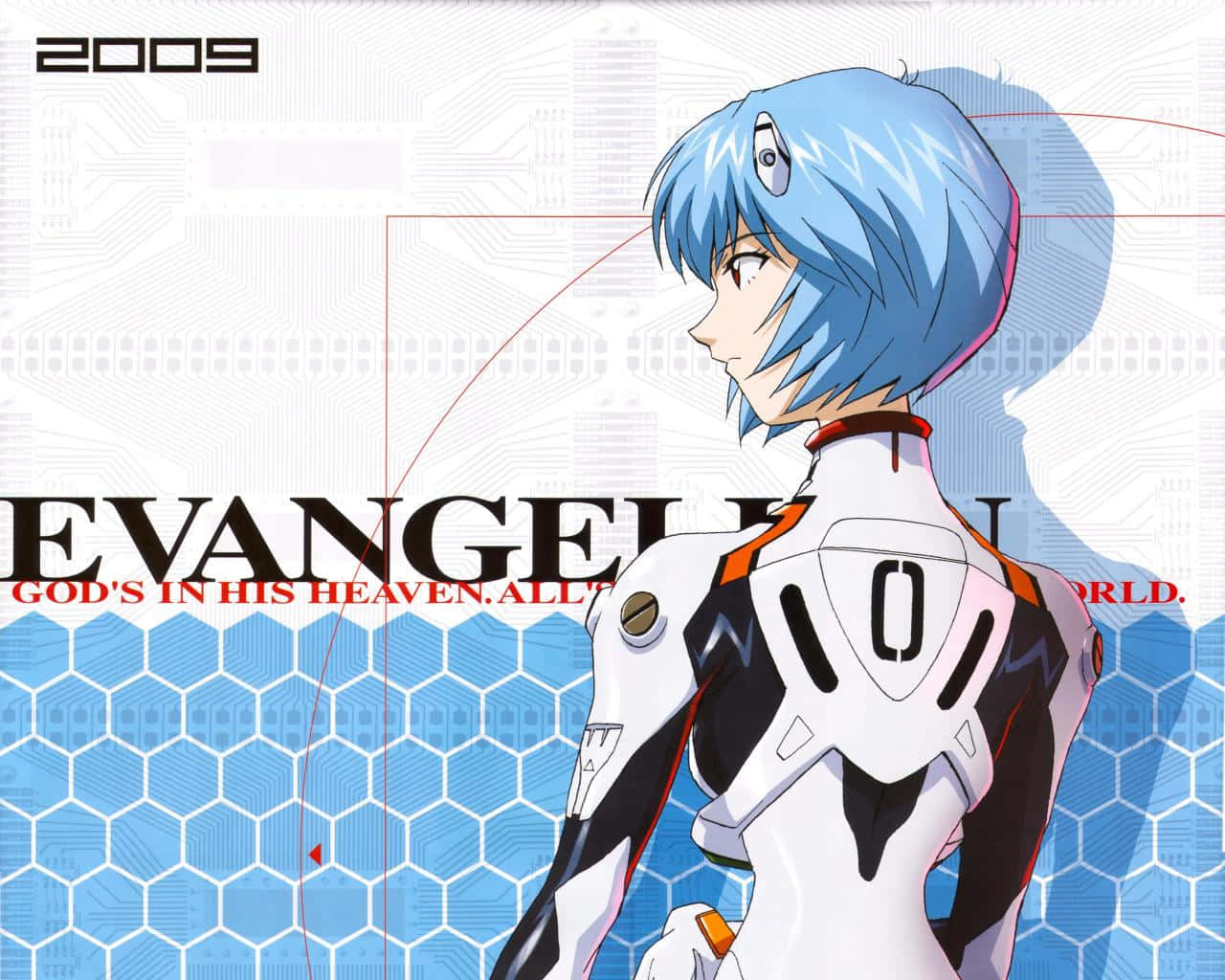 rei ayanami 桌布 壁紙 — 藍色頭髮、身穿白色插頭服的動漫角色站在六邊形藍白科技背景前。