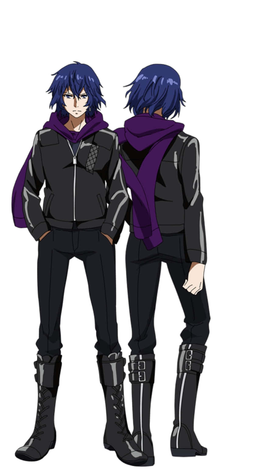 Ayato Kirishima 桌布 壁紙 — 藍色頭髮和紫色圍巾的動漫角色，以深色服裝顯示正面和背面。
