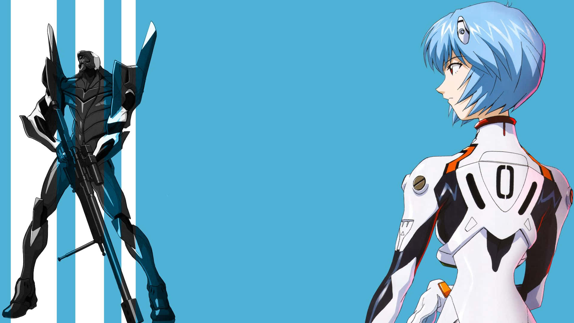 rei ayanami 桌布 壁紙 — 藍色頭髮的動漫角色穿著白色插頭服，站在藍白條紋背景前的黑色生物力學機甲旁邊。