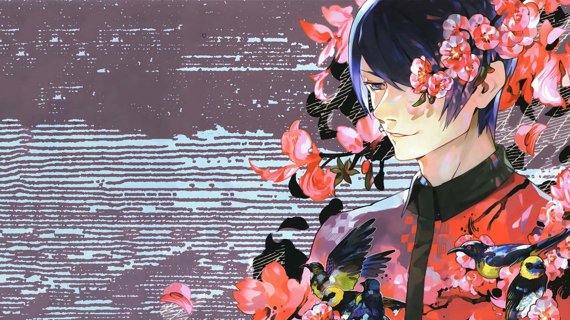 Shuu Tsukiyama 桌布 壁紙 — 藍色頭髮的動漫角色與櫻花溫柔微笑，彩色鳥兒棲息在花瓣間。