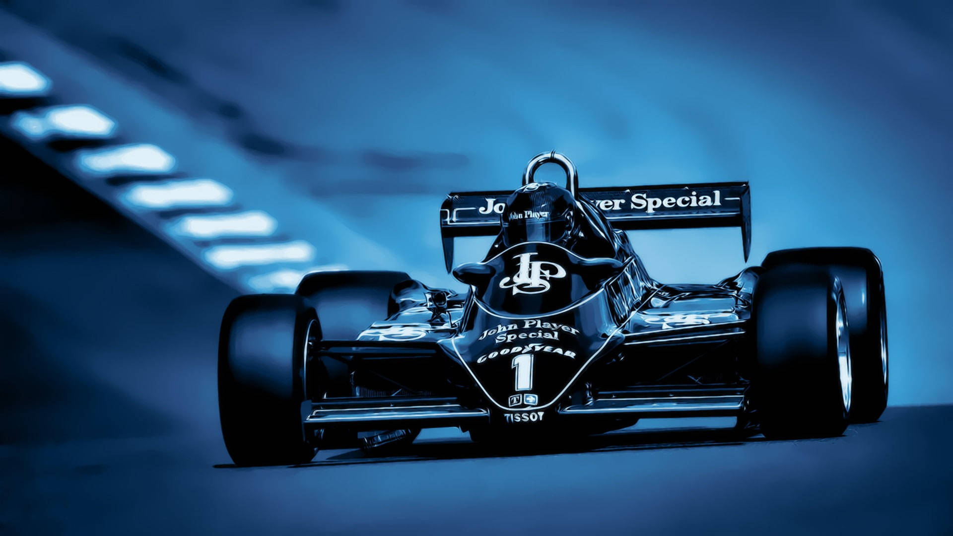 黑色 John Player Special 一級方程式賽車在夜間賽道上飛馳。