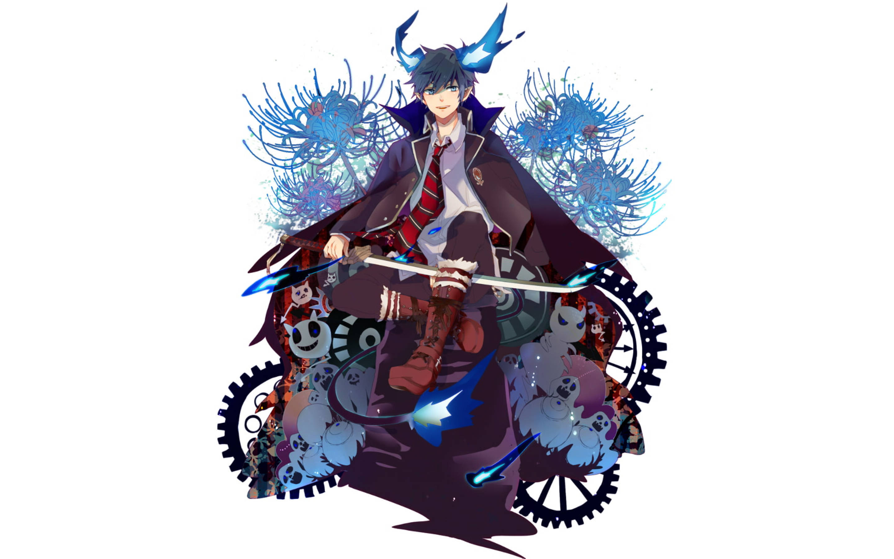 藍色驅魔師 Rin Okumura 壁紙 — 動畫男孩，藍色角，深色外套，在機械齒輪和藍色花朵中握著發光的劍。