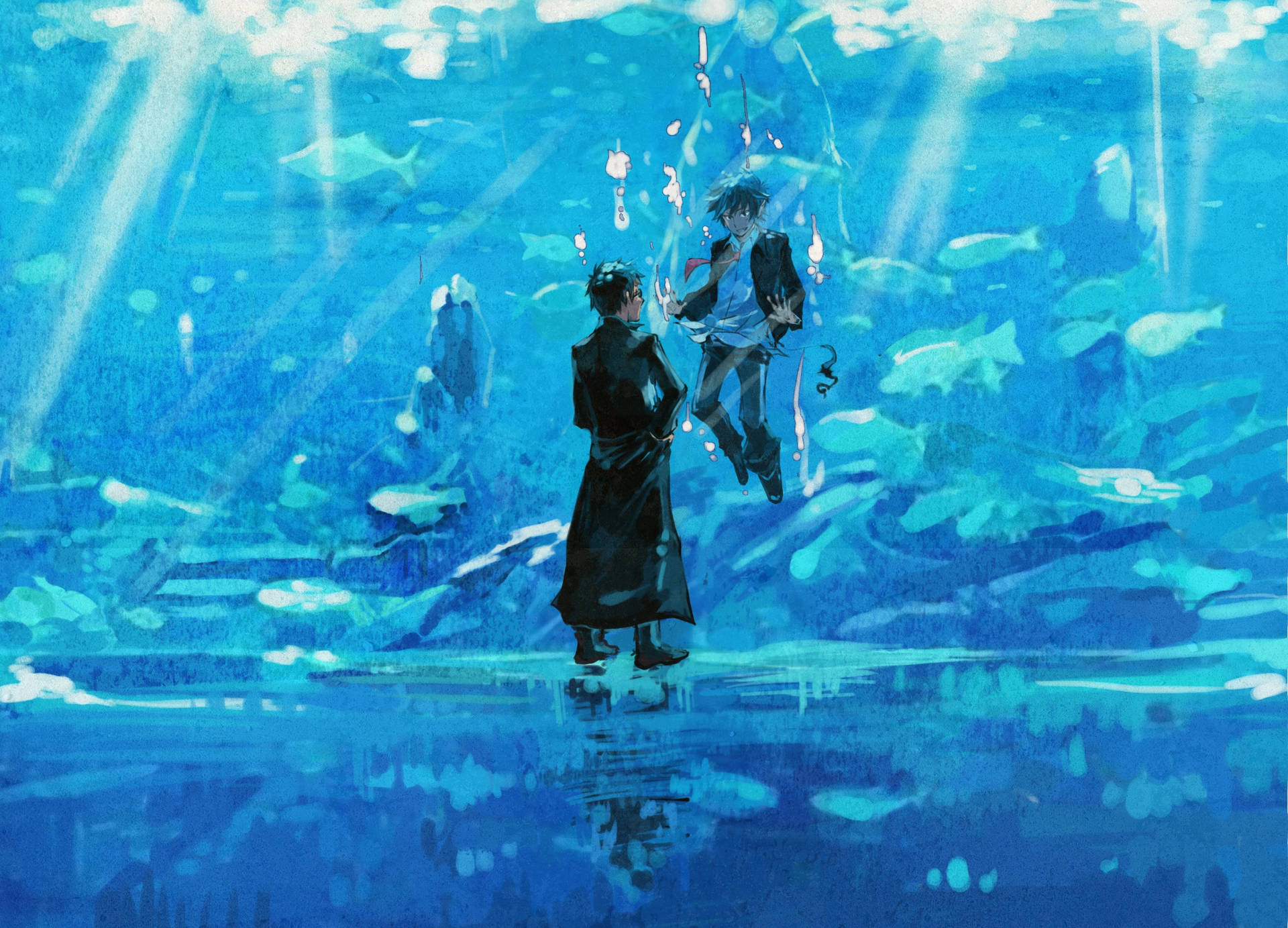 兩個動漫人物在藍色水下場景中，有魚和光線。