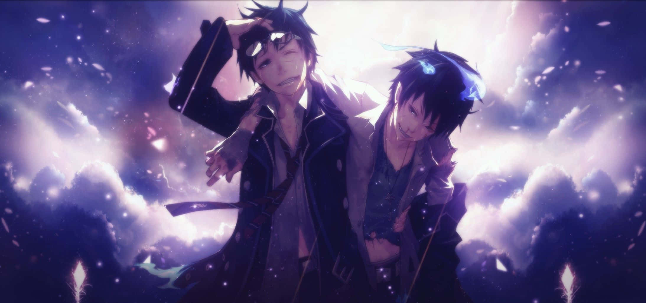 《藍色驅魔師》中的 Rin Okumura 壁紙 — 兩個動漫男孩站在發光的紫色天空下，周圍有雲朵和飄浮的花瓣。
