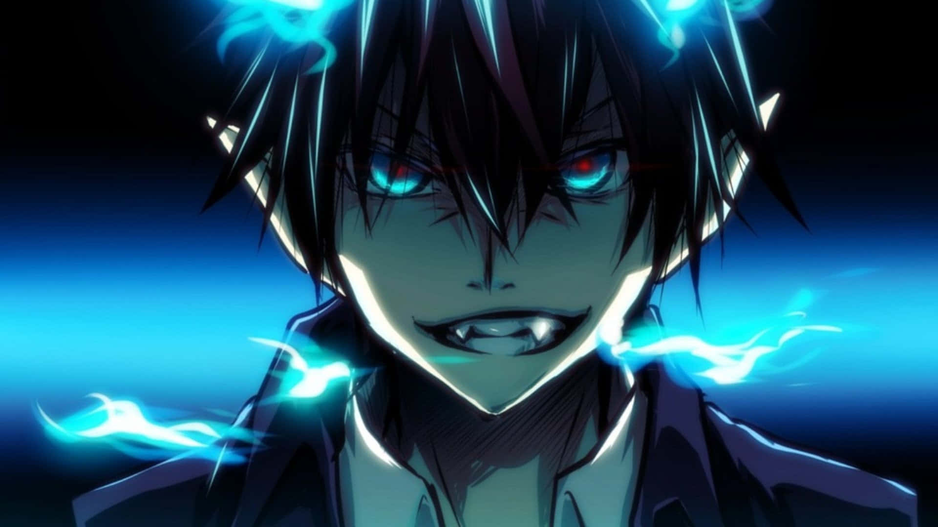 《藍色驅魔師》中的 Rin Okumura 壁紙 — 一個深色頭髮的動漫角色，擁有發光的藍色眼睛和電藍色能量在他臉部周圍劈啪作響，背景是深藍色。