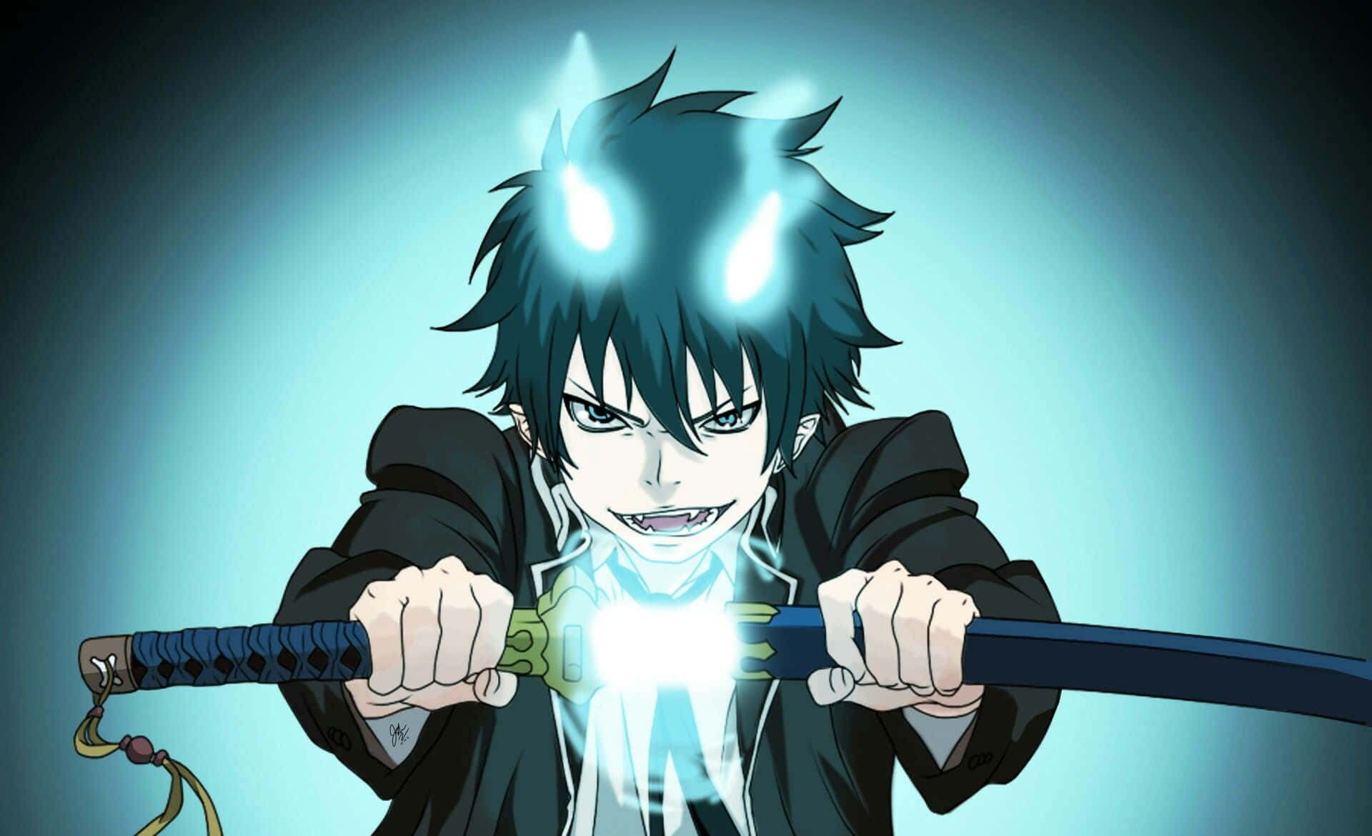 《藍色驅魔師》中的Rin Okumura 壁紙 — 一個動漫角色，擁有發光的角和眼睛，在藍色漸變背景上握著一把發光的劍。
