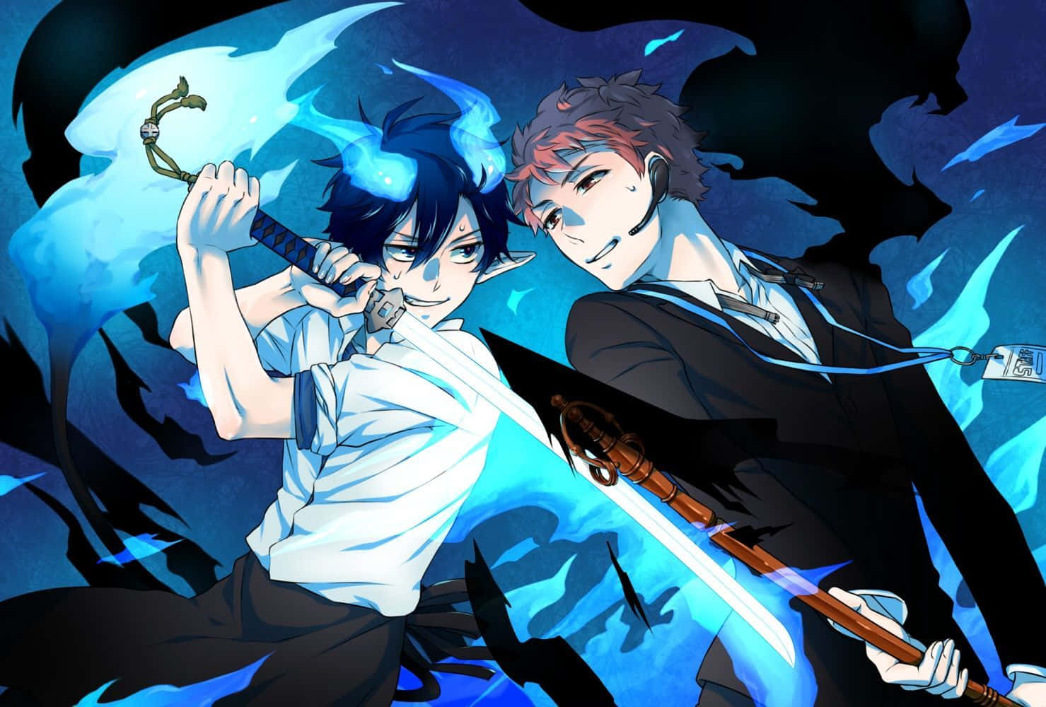 《藍色驅魔師》中的Rin與Yukio Okumura 壁紙 — 兩個動漫男孩在旋轉的藍色能量中交鋒，上演一場戲劇性的夜間戰鬥場景。