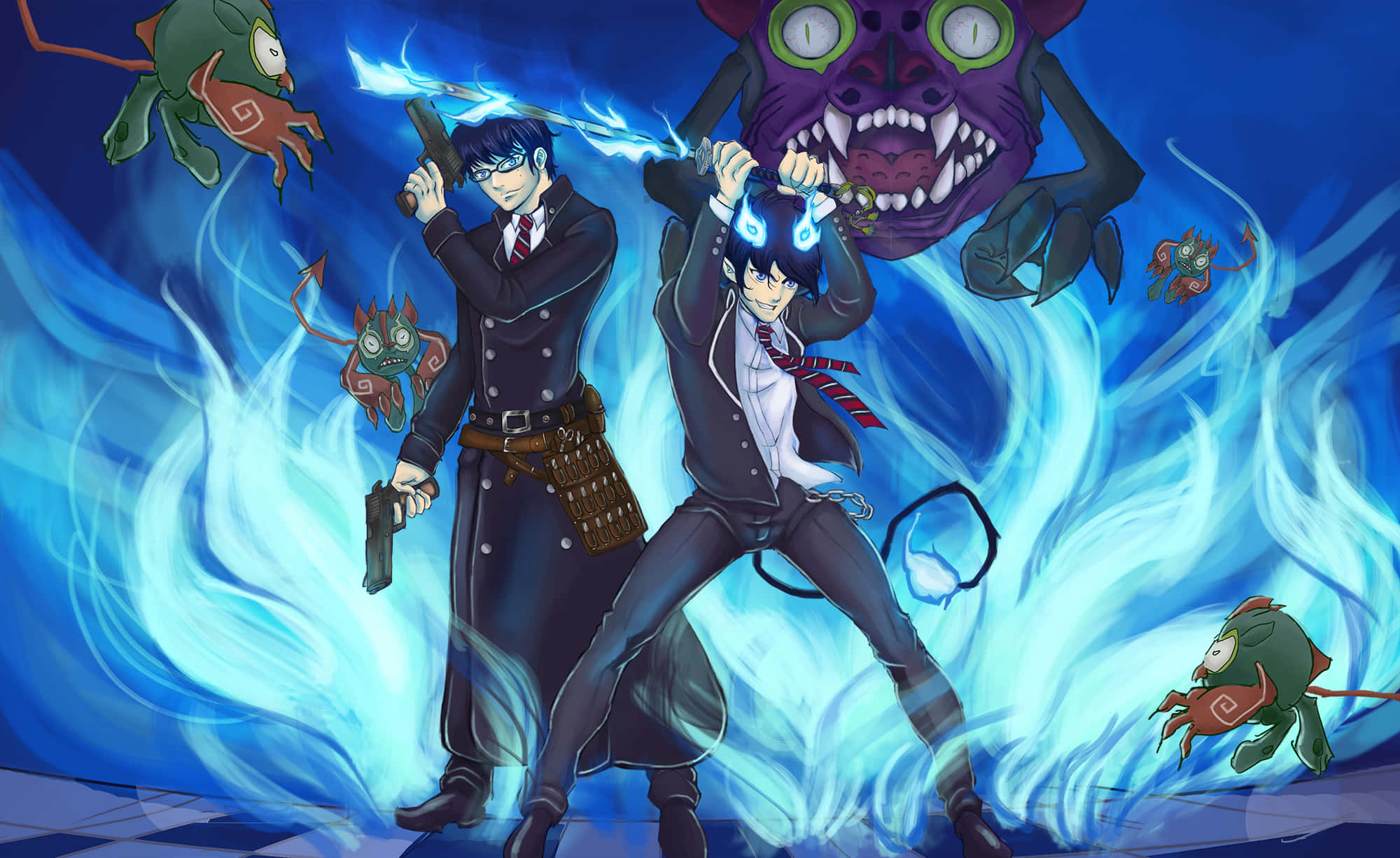 《藍色驅魔師》中的奧村燐與奧村燐 壁紙 — 兩個穿著校服的動畫男孩在深藍色背景中，用武器與發光的藍色怪物戰鬥，周圍環繞著旋轉的能量。