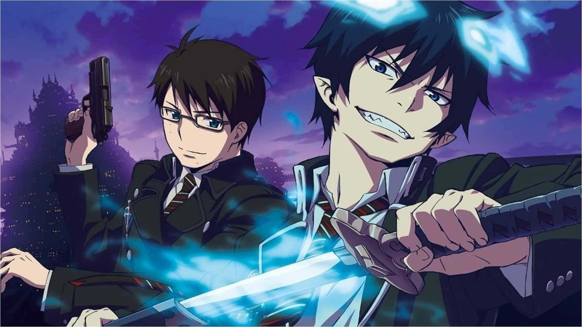 《藍色驅魔師》主角 瑞恩·岡村 壁紙 — 兩個穿著校服的動畫男孩在紫色暮色城市景觀中揮舞著發光的劍和槍。