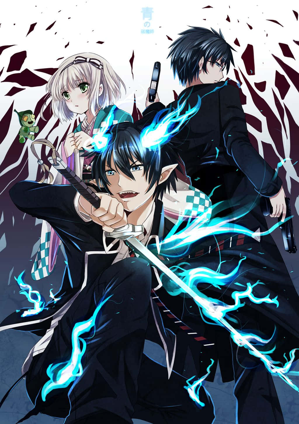 《藍色驅魔師》兄妹 瑞恩與由喜歐·岡村 壁紙 — 三個動漫角色以動態戰鬥姿勢，手持發光藍色能量武器，背景為破碎的紅色和白色。