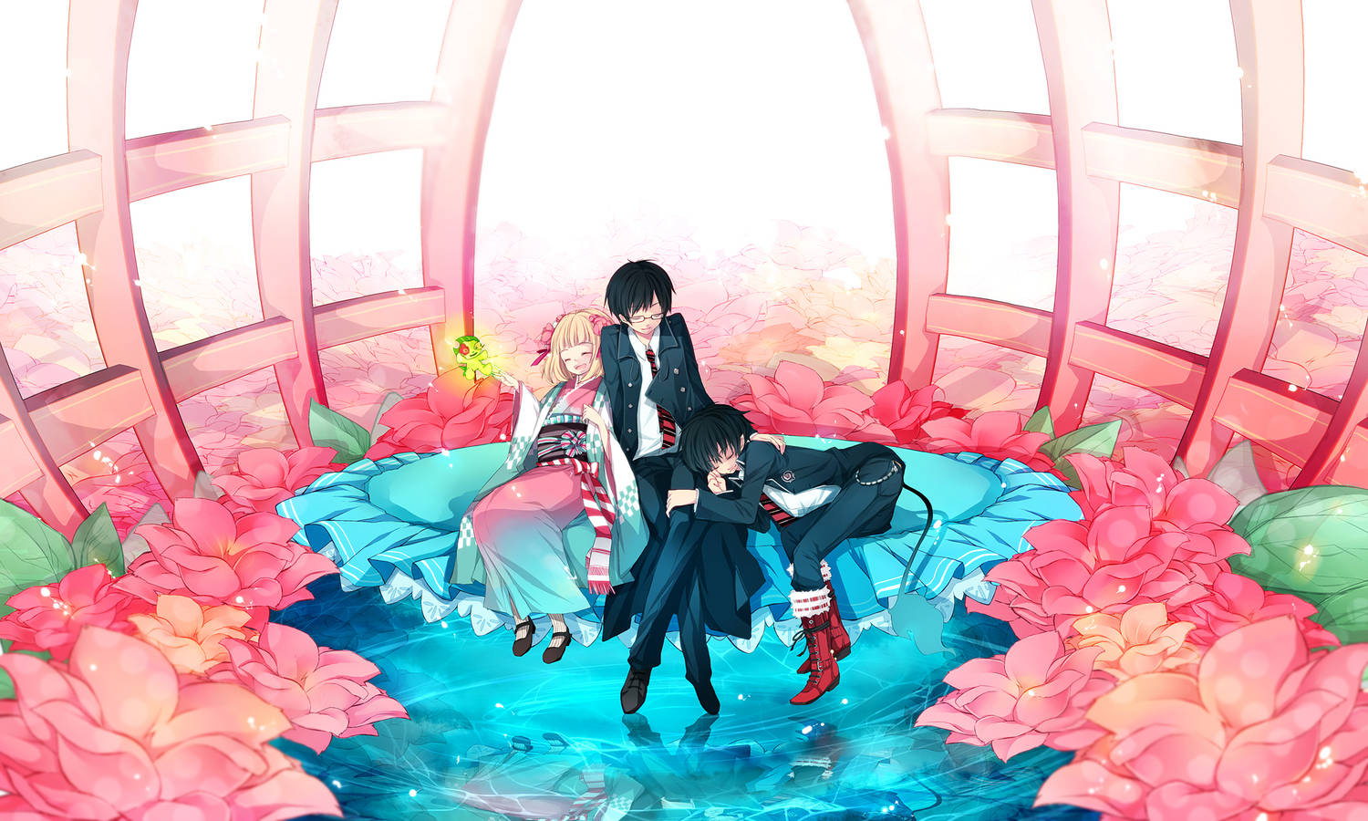 《藍色驅魔師》愛情三角 壁紙 — 三個動漫角色在發光的粉紅色鳥居下，被巨大的粉紅色花朵包圍，在藍色坐墊上放鬆。