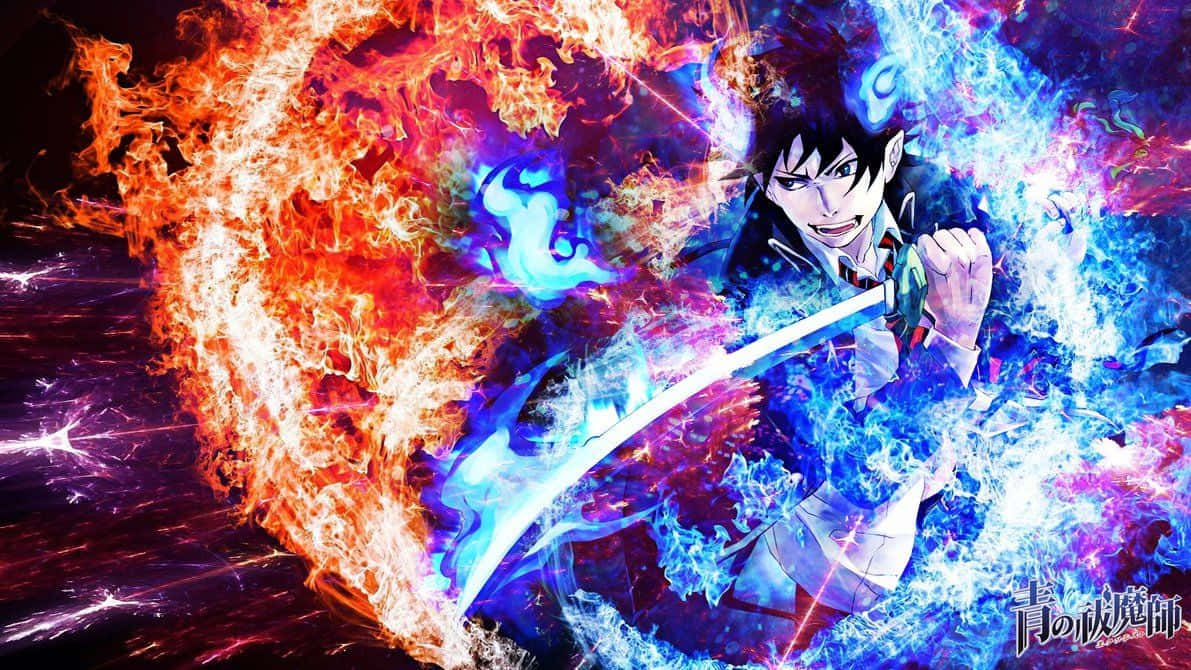 《藍色驅魔師》粉絲群像 壁紙 — 一個堅定的動漫戰士在宇宙背景下，於旋轉的紅藍元素能量中揮舞著發光的劍。