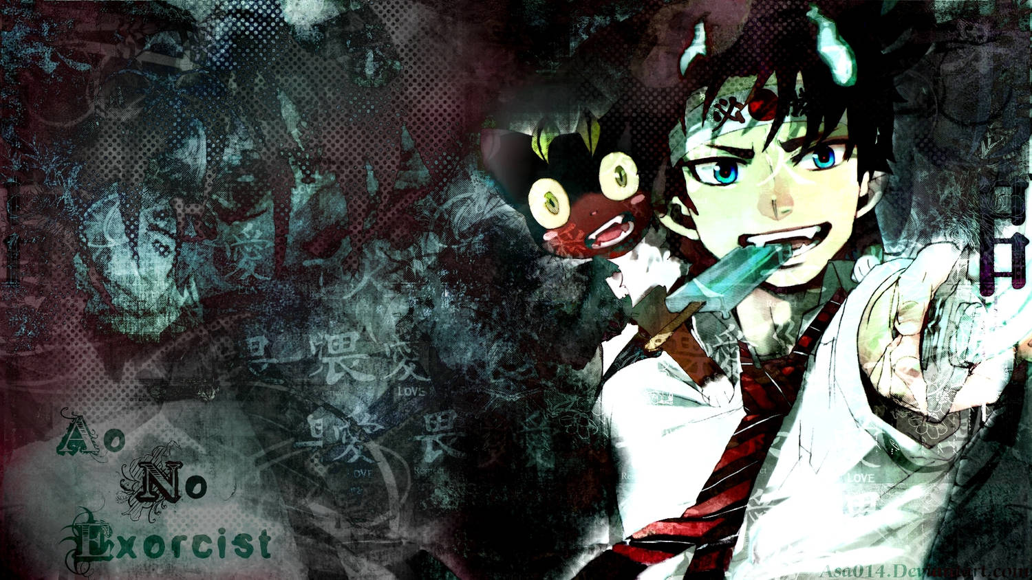 《藍色驅魔師》紋理海報 壁紙 — 一個堅定的動漫男孩，藍眼睛和角，揮舞著發光的刀刃，而一個小紅惡魔在他肩上窺視，背景是深色紋理。