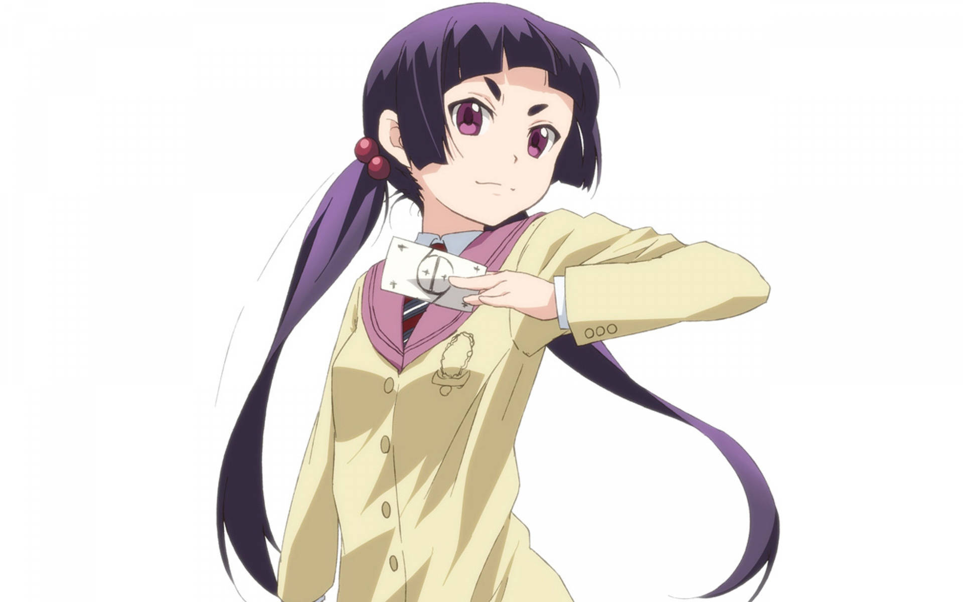 紫髮動漫女孩身穿米色校服手持白色裝置。