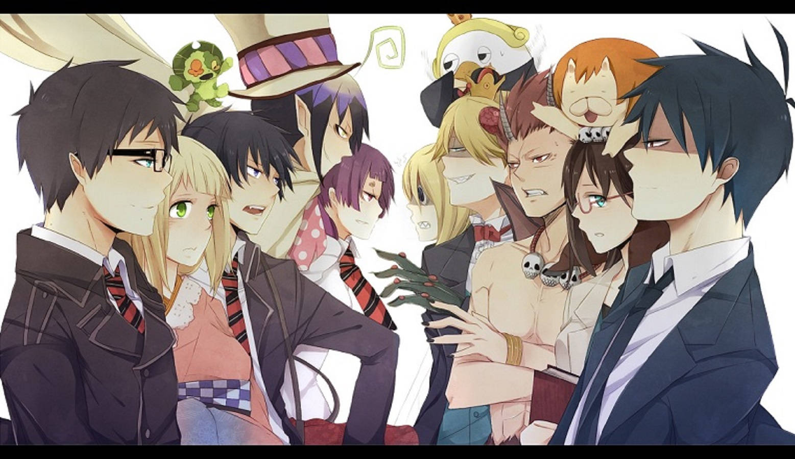 《藍色驅魔師》角色對決 壁紙 — 一幅充滿活力的動畫群像，以純白背景襯托出穿著校服和奇特配飾的多樣化角色。