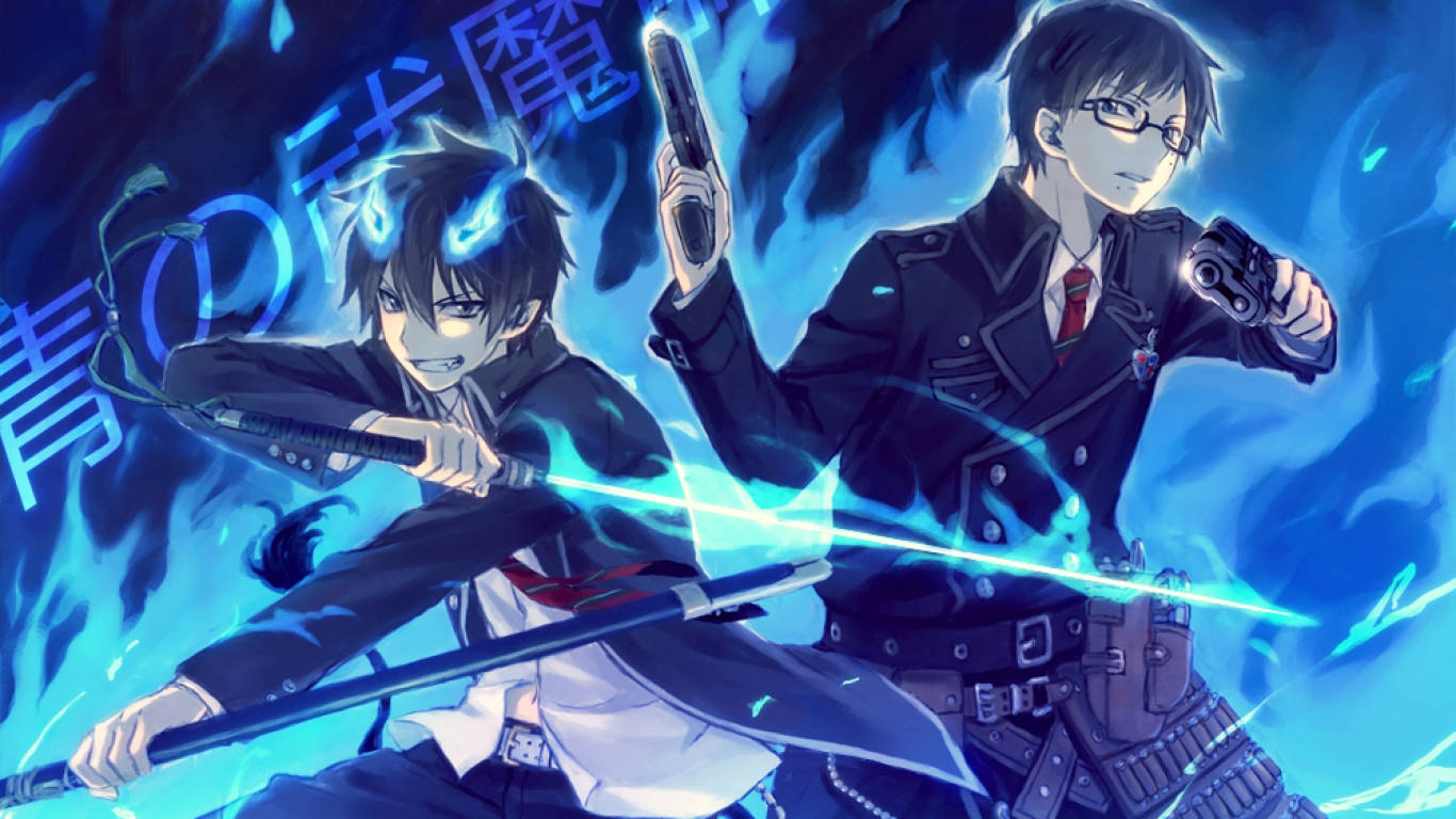 《藍色驅魔師》雙男主 壁紙 — 兩名穿著校服的動畫男孩，在旋轉的電藍色背景下，用發光的藍色武器戰鬥。