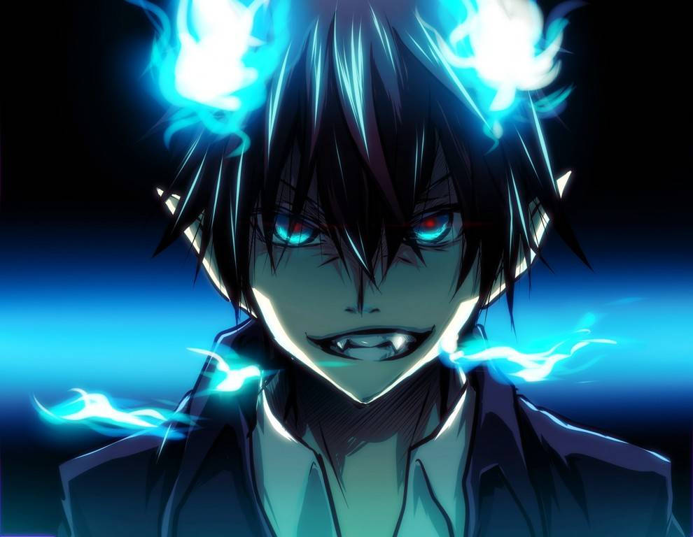 藍色驅魔師 魔鬼般的 Rin 壁紙 — 一個動漫角色，擁有發光的藍色頭髮和眼睛，被電藍色能量包圍，背景為深色。