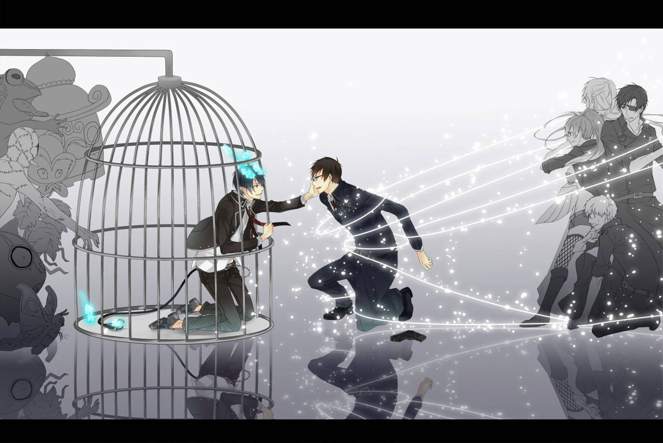 藍色驅魔師中的 Rin 被關在籠中 壁紙 — 一個動漫風格的場景顯示一個男孩穿過籠子伸手觸及另一個男孩，而發光的線條將他們與背景中的一群人物連接起來。