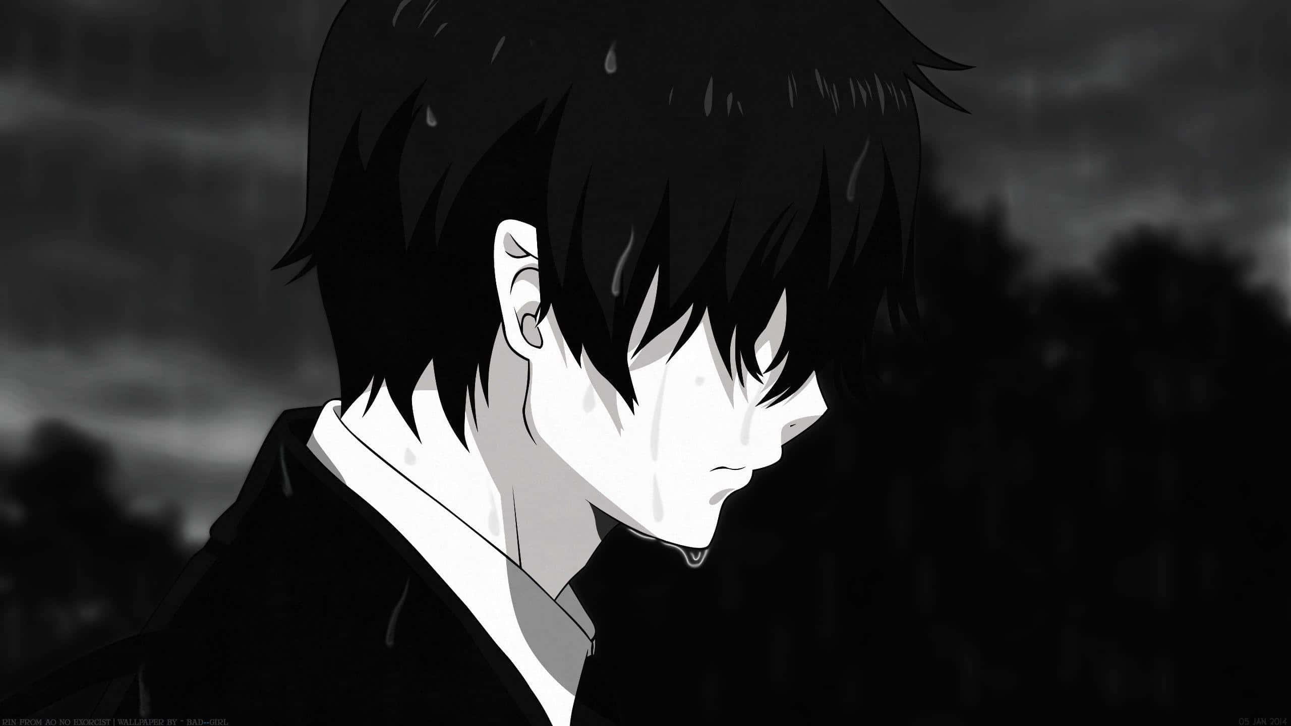 藍色驅魔師中的憂鬱 Rin Okumura 雨中哭泣 壁紙 — 一個黑髮、淚流滿面的憂鬱動漫男孩，站在灰階的雨景中。