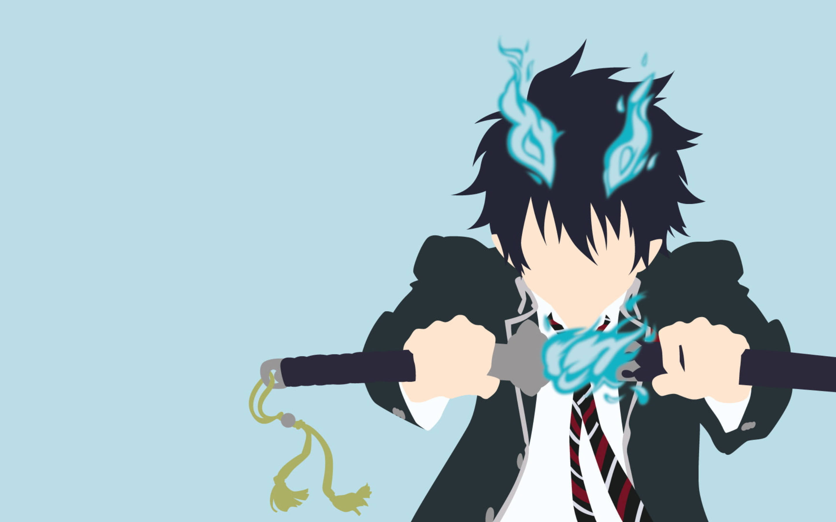 藍色驅魔師風景向同人插畫 壁紙 — 動漫男孩穿著校服，握著劍，頭髮和劍刃上噴發出藍色火焰能量，背景為淡藍色。