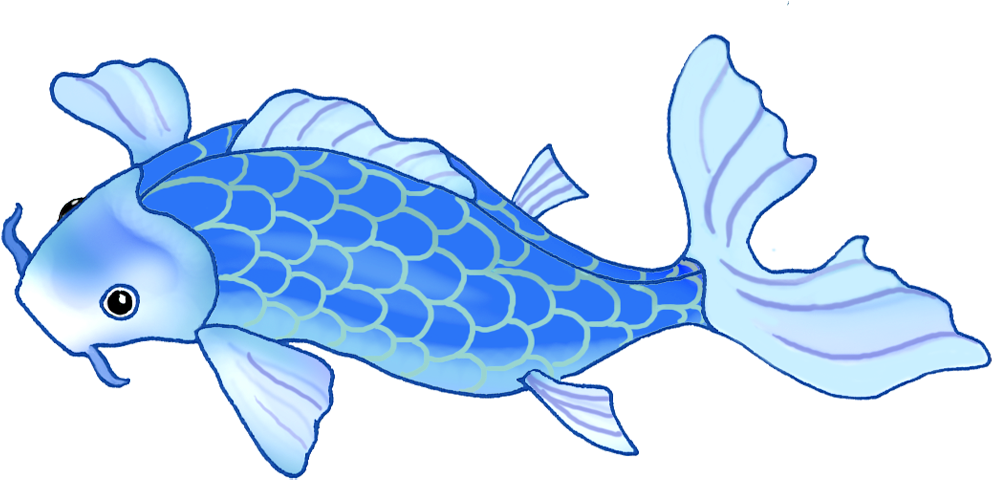 藍色鯉魚插畫 壁紙 — 一條風格化的藍色錦鯉，帶有細緻的鱗片和流動的魚鰭，在純黑背景上優雅地游動。
